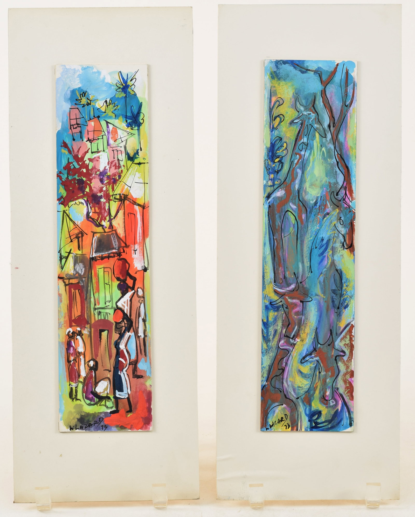 Luckner Lazard. Haiti. 1973. 2 mixed media paintings. 1) Street scene with figures. 2) Abstract (1 of 5)
