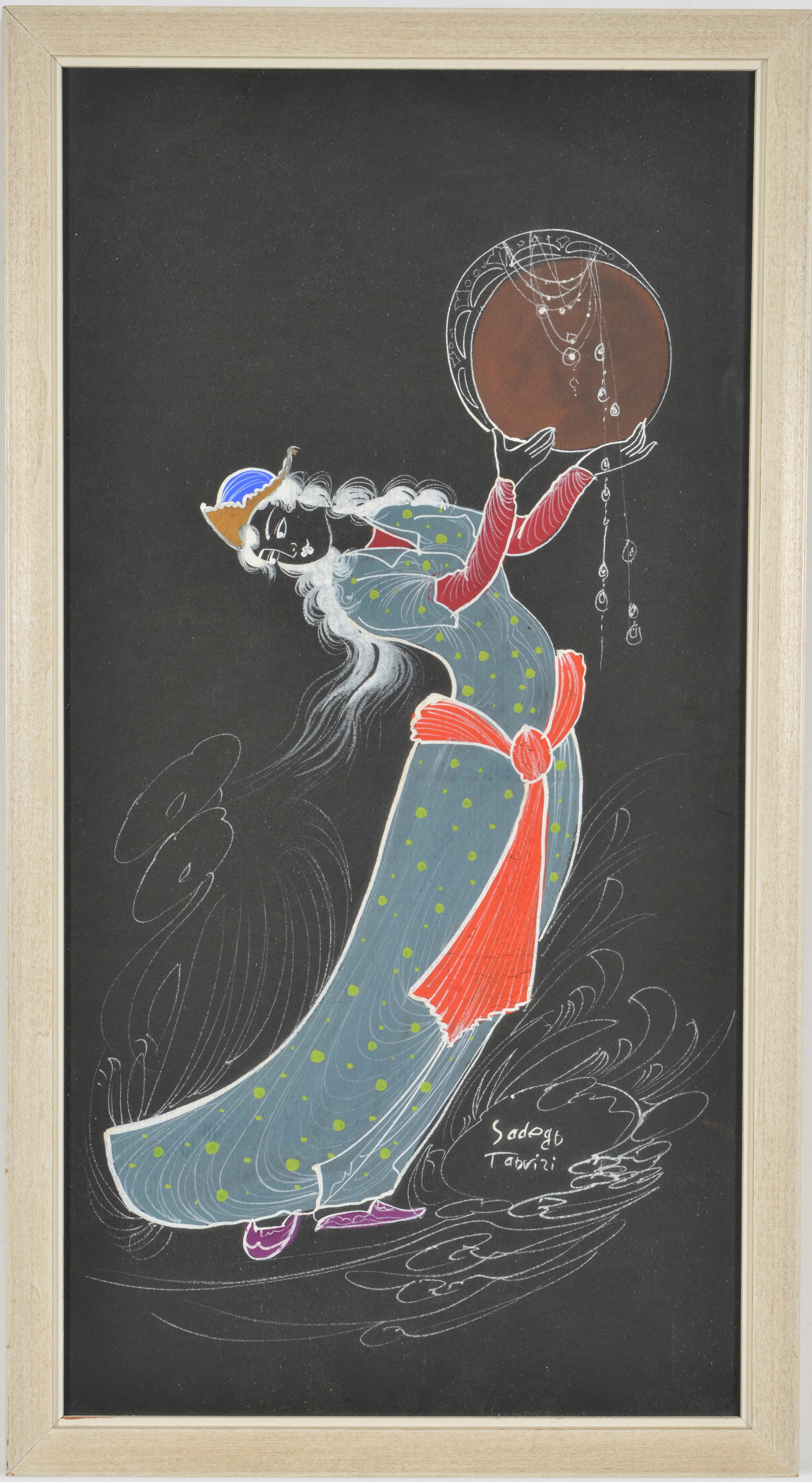 Sadegh Tabrizi. Persian style dancer. Gouache on black paper. Signed lower right/center. Framed (1 of 7)