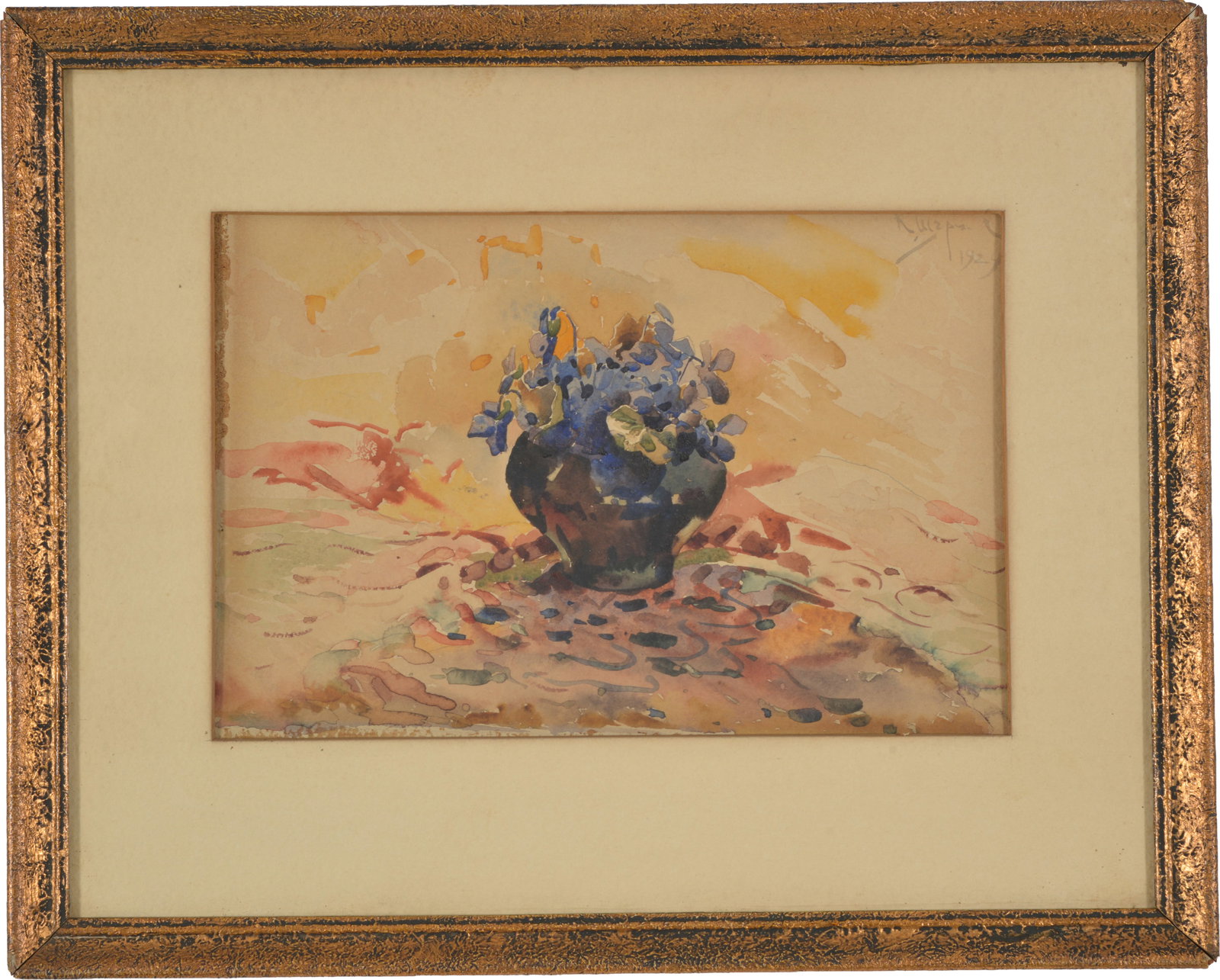 1929 Continental school watercolor floral still life. Signed and dated upper right. Inscription on (1 of 8)