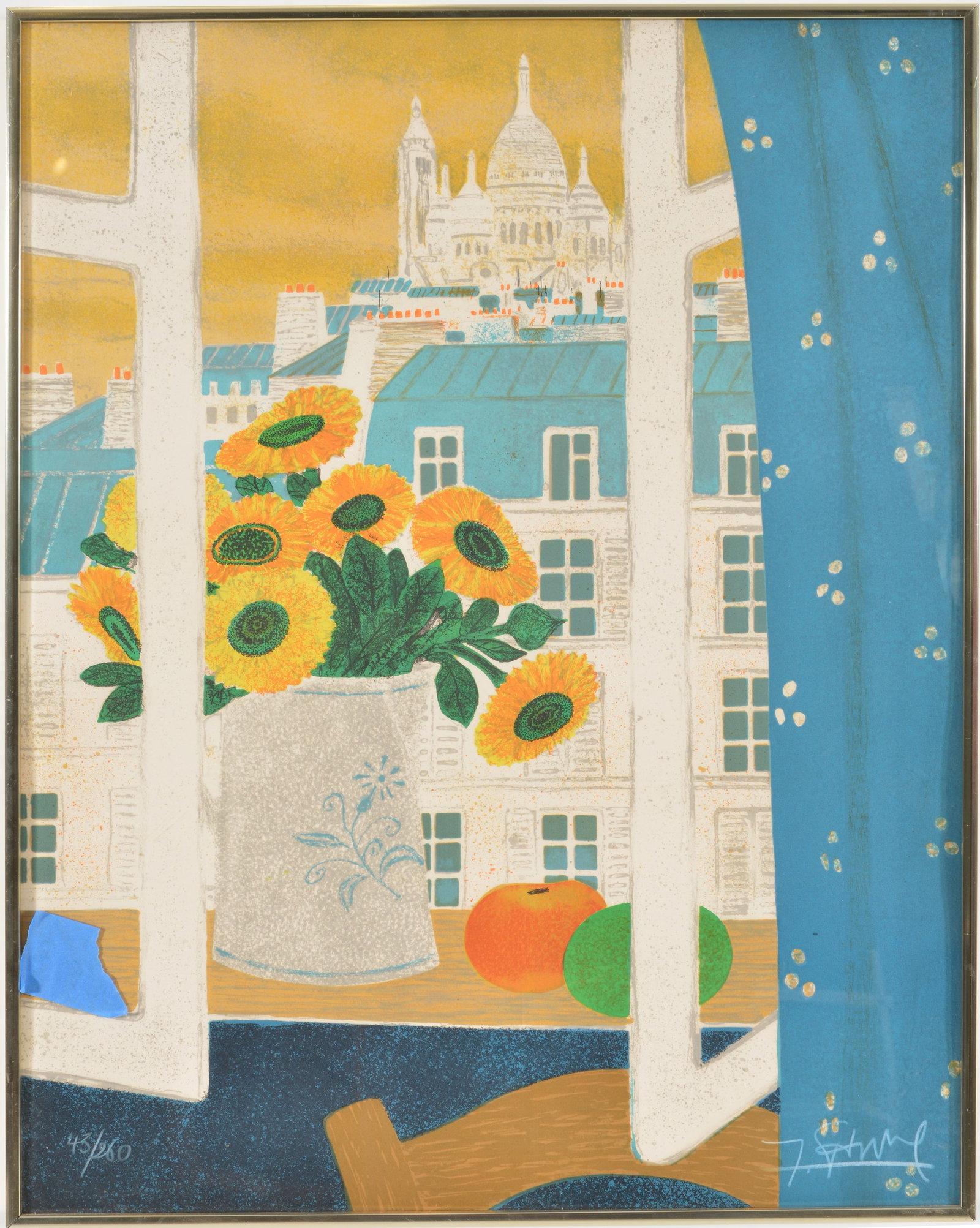 Yves Ganne. Still life in a window with cityscape in the distance. Lithograph on paper. Numbered: Yves Ganne. Still life in a window with cityscape in the distance. Lithograph on paper. Numbered 43/250. Signed lower right. Framed. Overall: 27.5 x 21in.