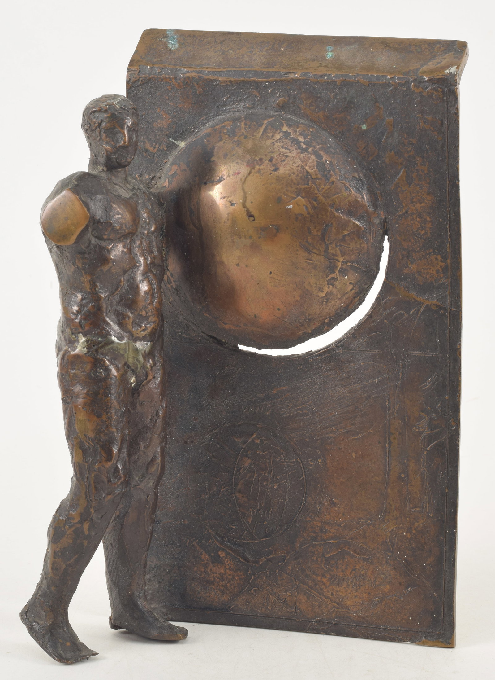 Abstract figural bronze sculpture. Religious inscription on reverse quoting Genesis 3:5. 9.5in high. (1 of 5)