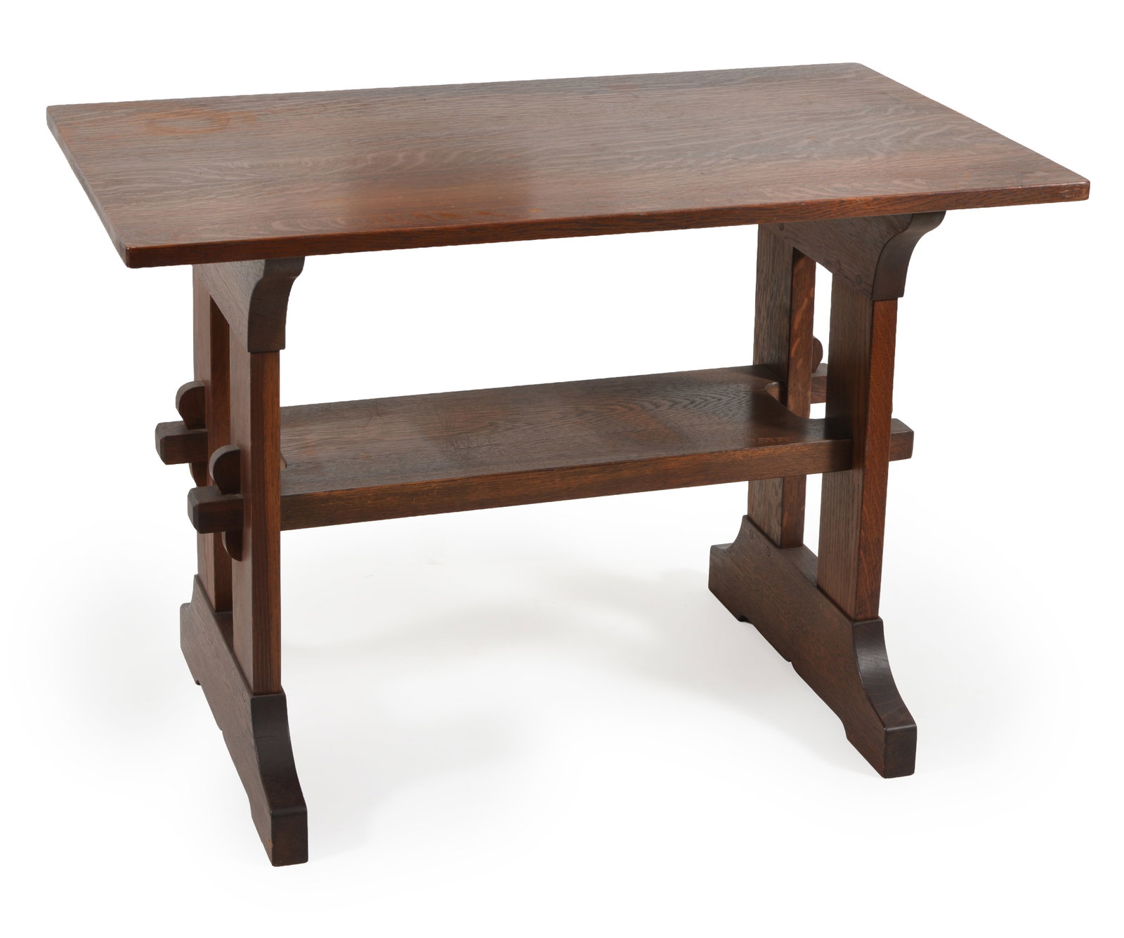 Gustav Stickley trestle table #637, circa 1905. Remnants of red decal on end. (1 of 8)