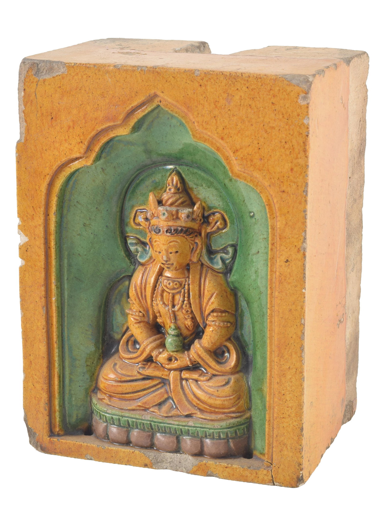 Chinese Ming period sancai glazed architectural stoneware element. Partially finished sides and top.: Chinese Ming period sancai glazed architectural stoneware element. Partially finished sides and top. Impressed signature seal on side. 8in high.