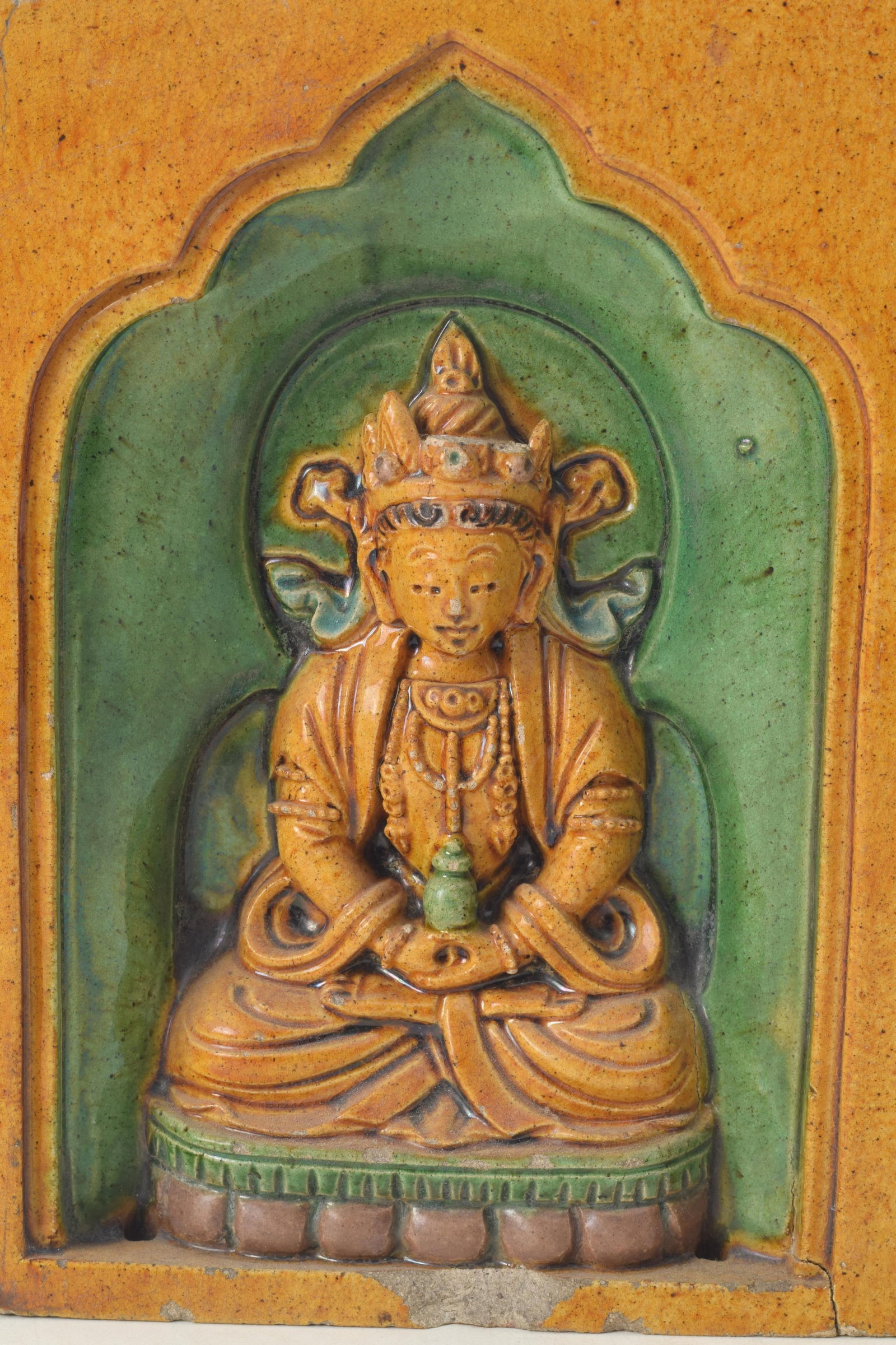 Chinese Ming period sancai glazed architectural stoneware element. Partially finished sides and top. - 2