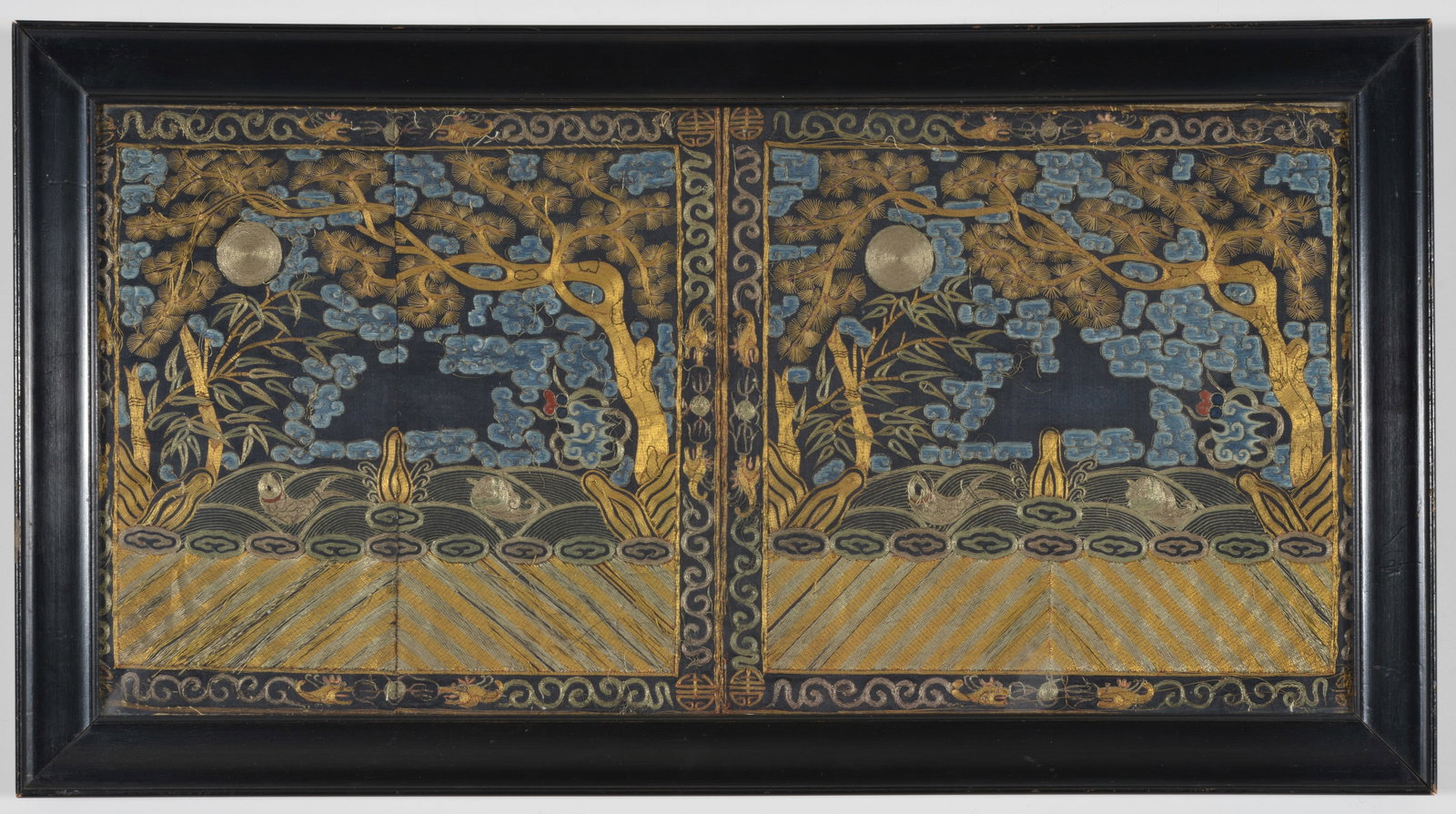 Pair of Chinese silk and gold thread embroidered rank badges, 19th century. Framed together under (1 of 4)