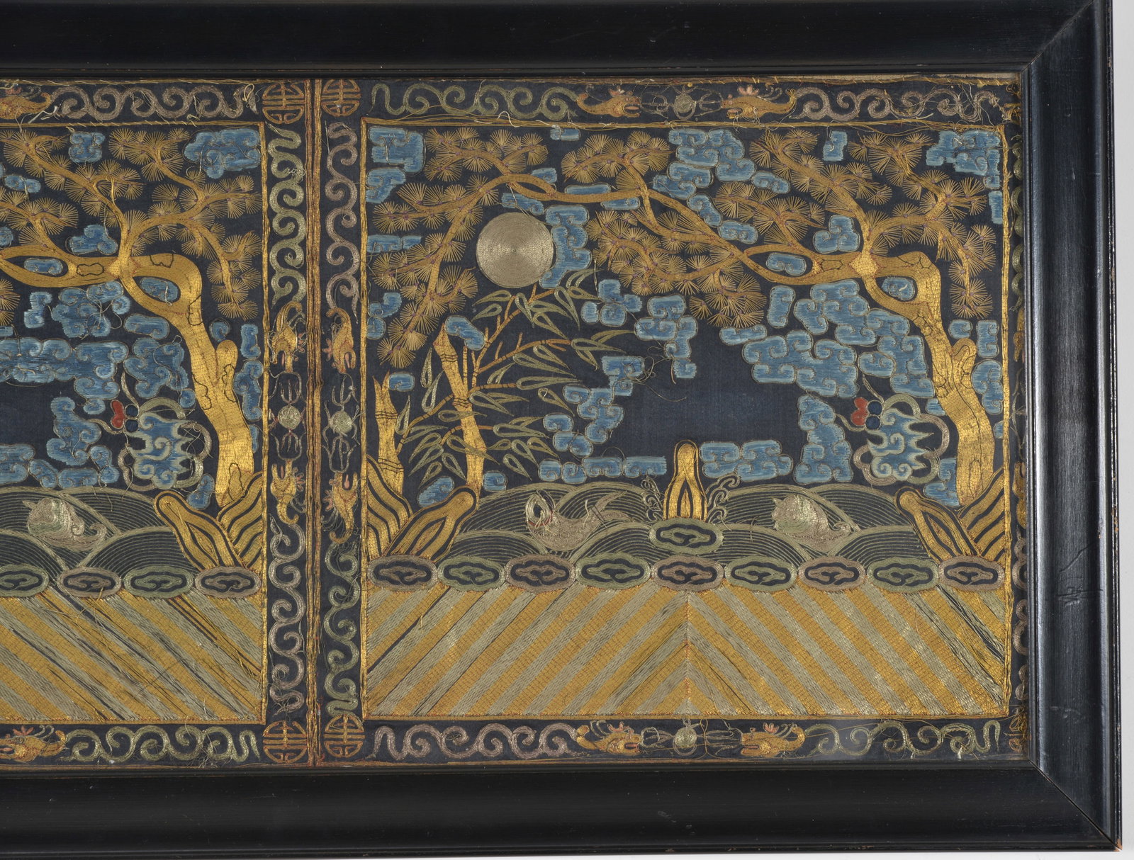 Pair of Chinese silk and gold thread embroidered rank badges, 19th century. Framed together under - 3