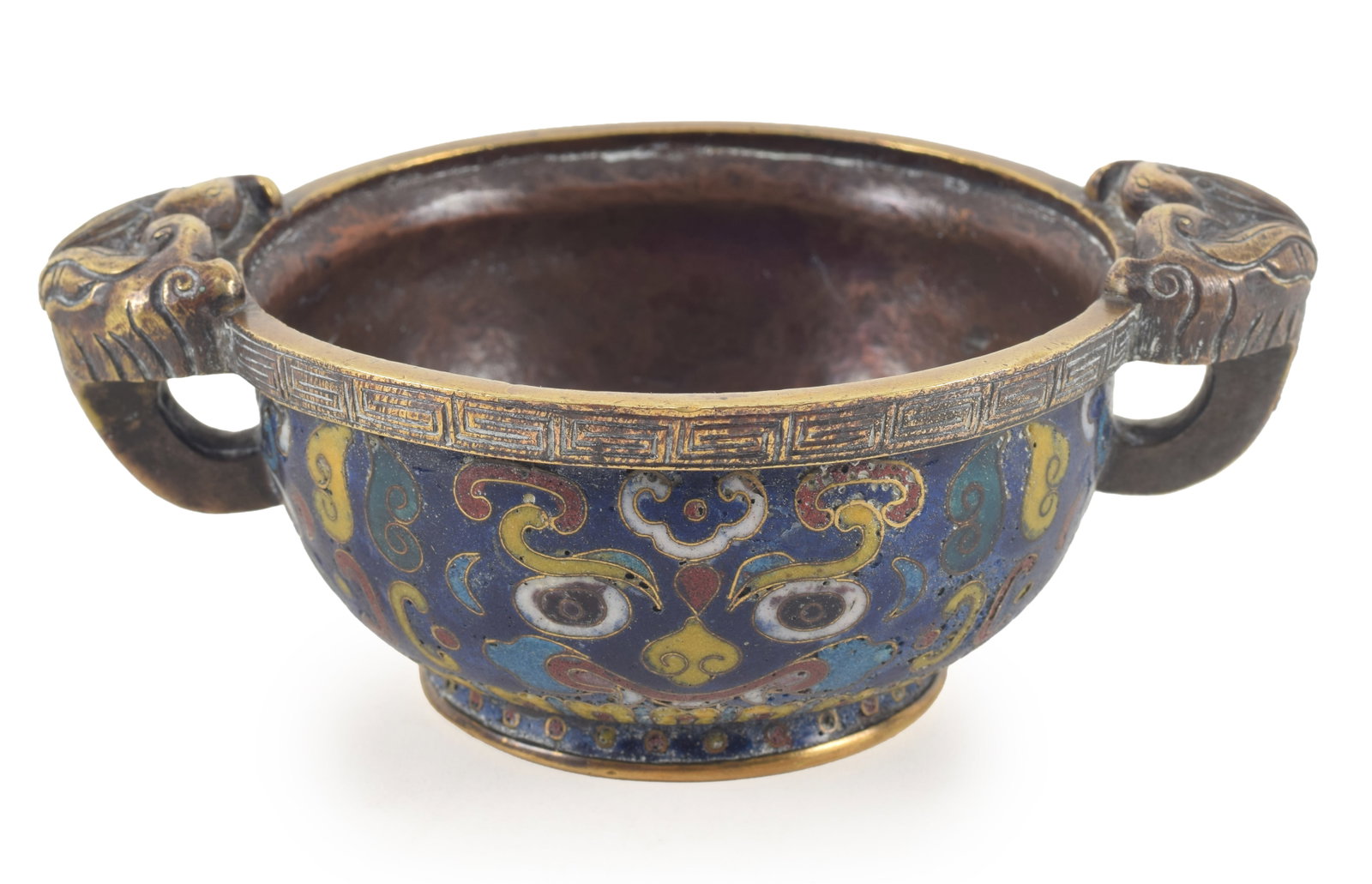 Chinese Ming period heavy bronze cloisonne decorated censer with handles. Taotie mask decoration. (1 of 8)