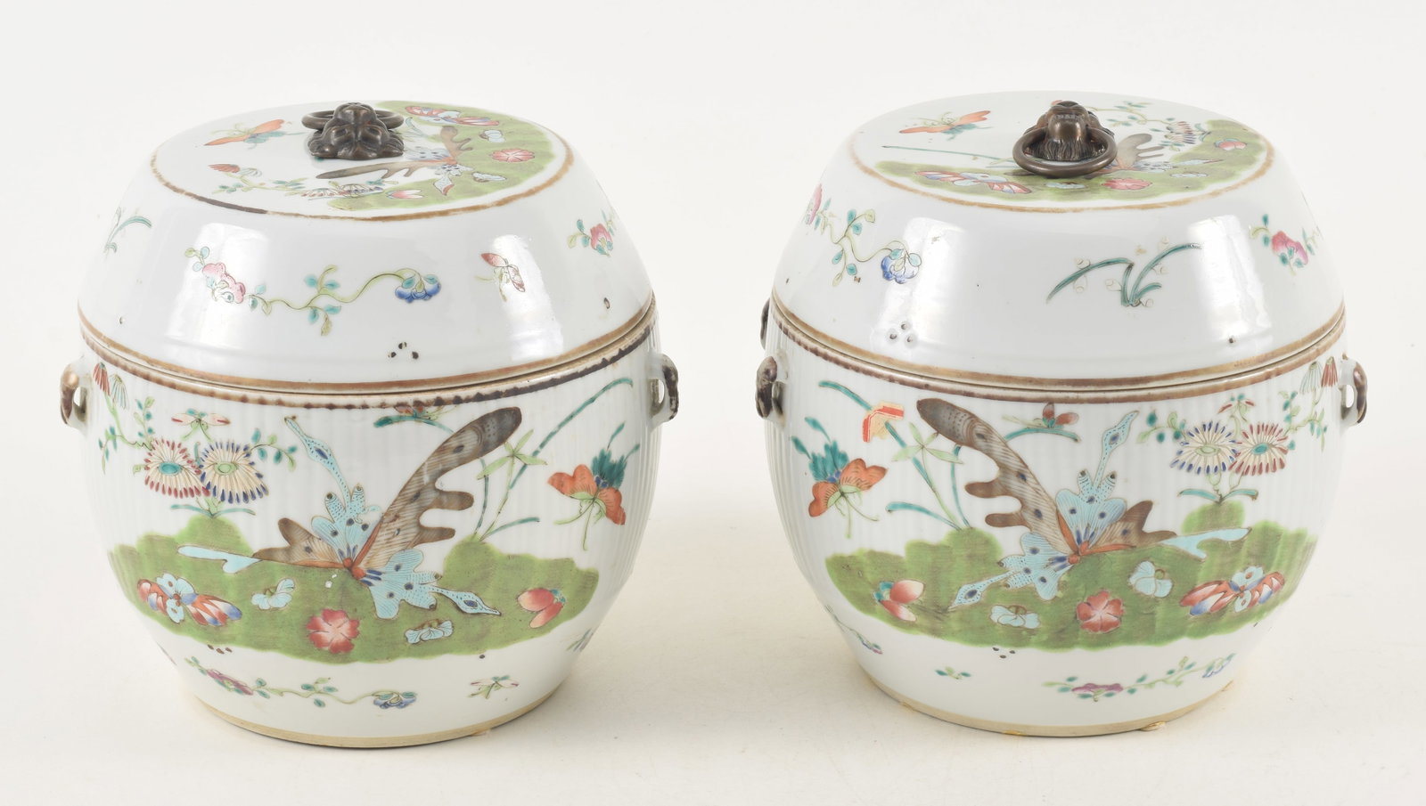 Pair of mid 19th century Chinese famille verte porcelain barrel-form covered containers. Landscapes (1 of 14)