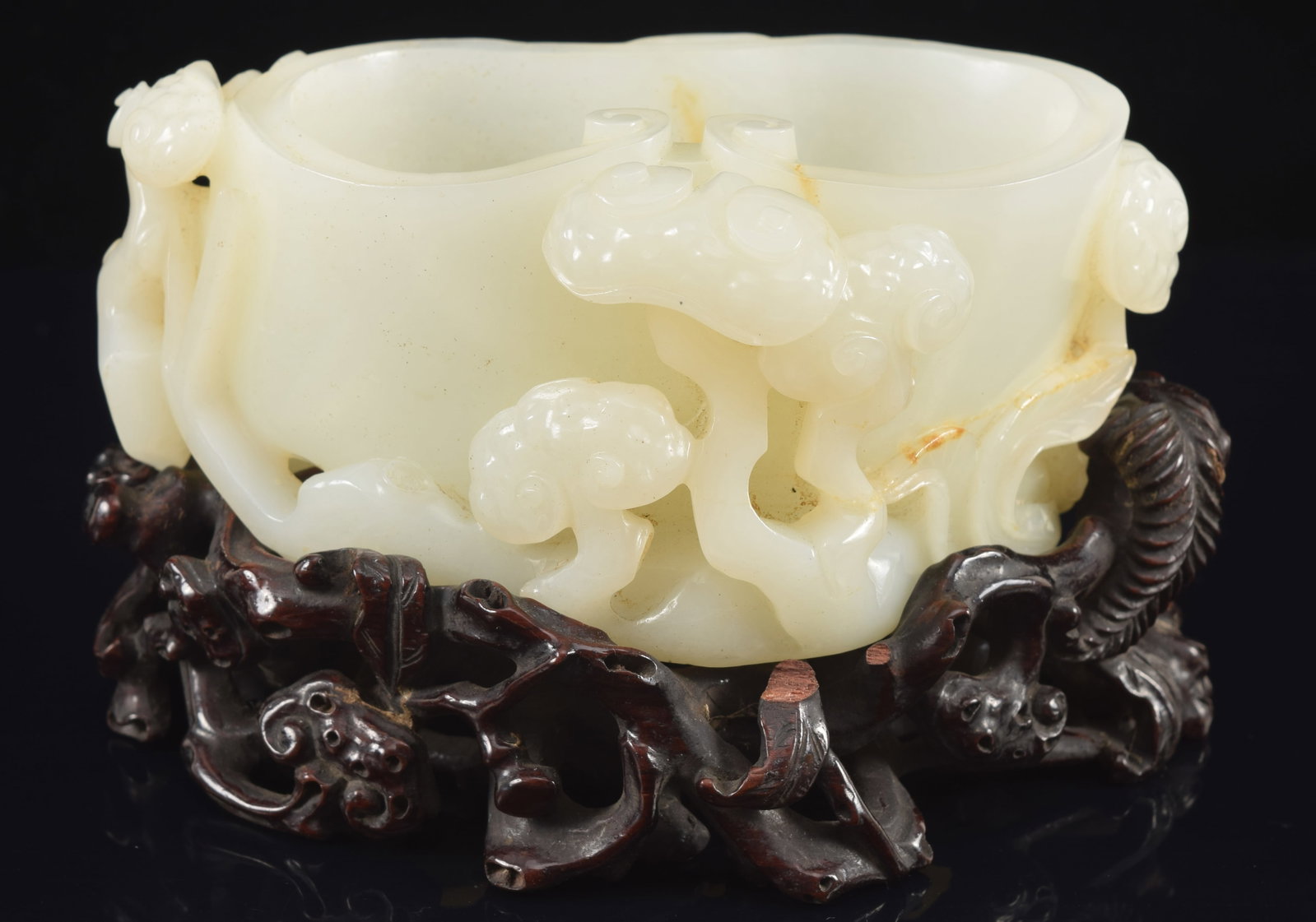 Jade water coupe. China. 18th century. Pure white color stone. Carved with ling chih allover. 5 x (1 of 6)