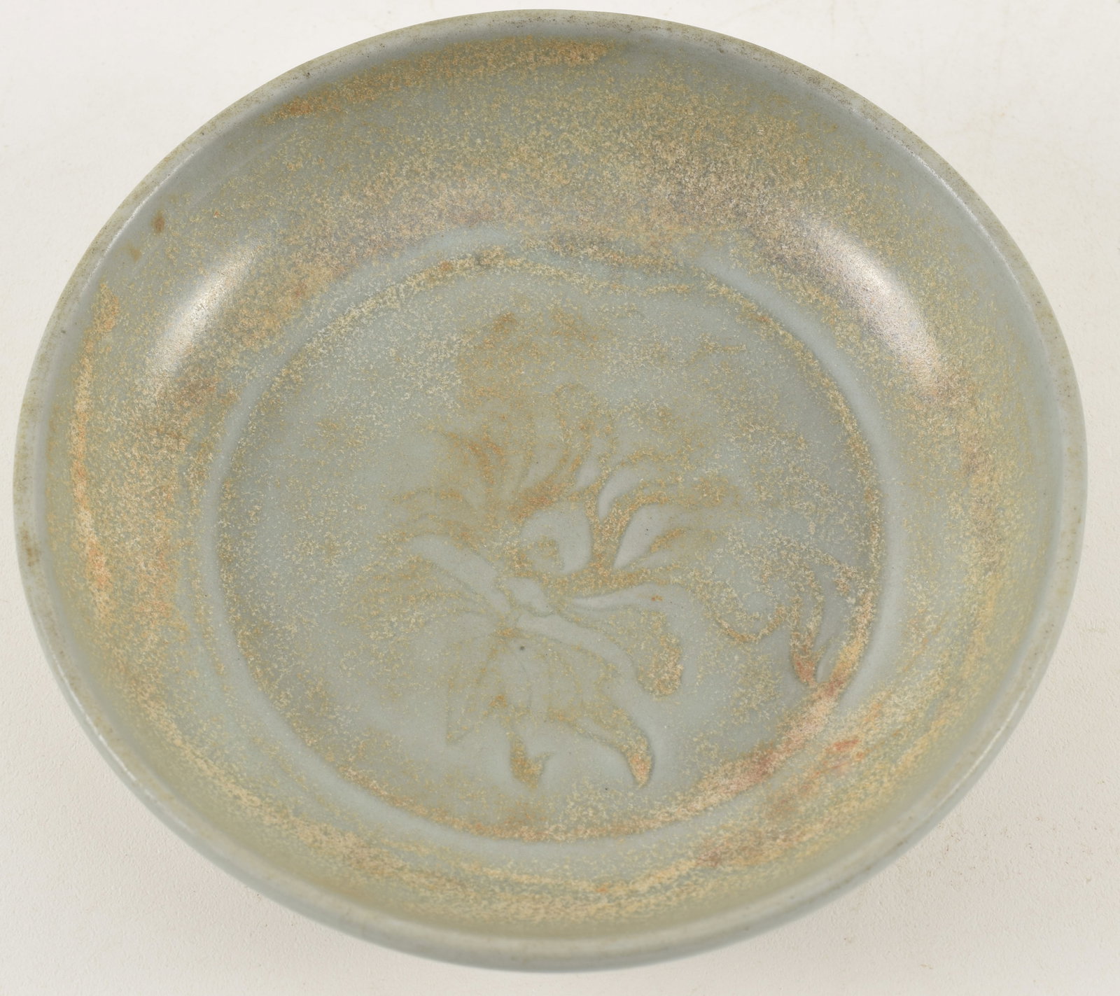 Early Chinese celadon dish with floral decoration, possibly Guan ware. Glaze hairlines and small (1 of 5)
