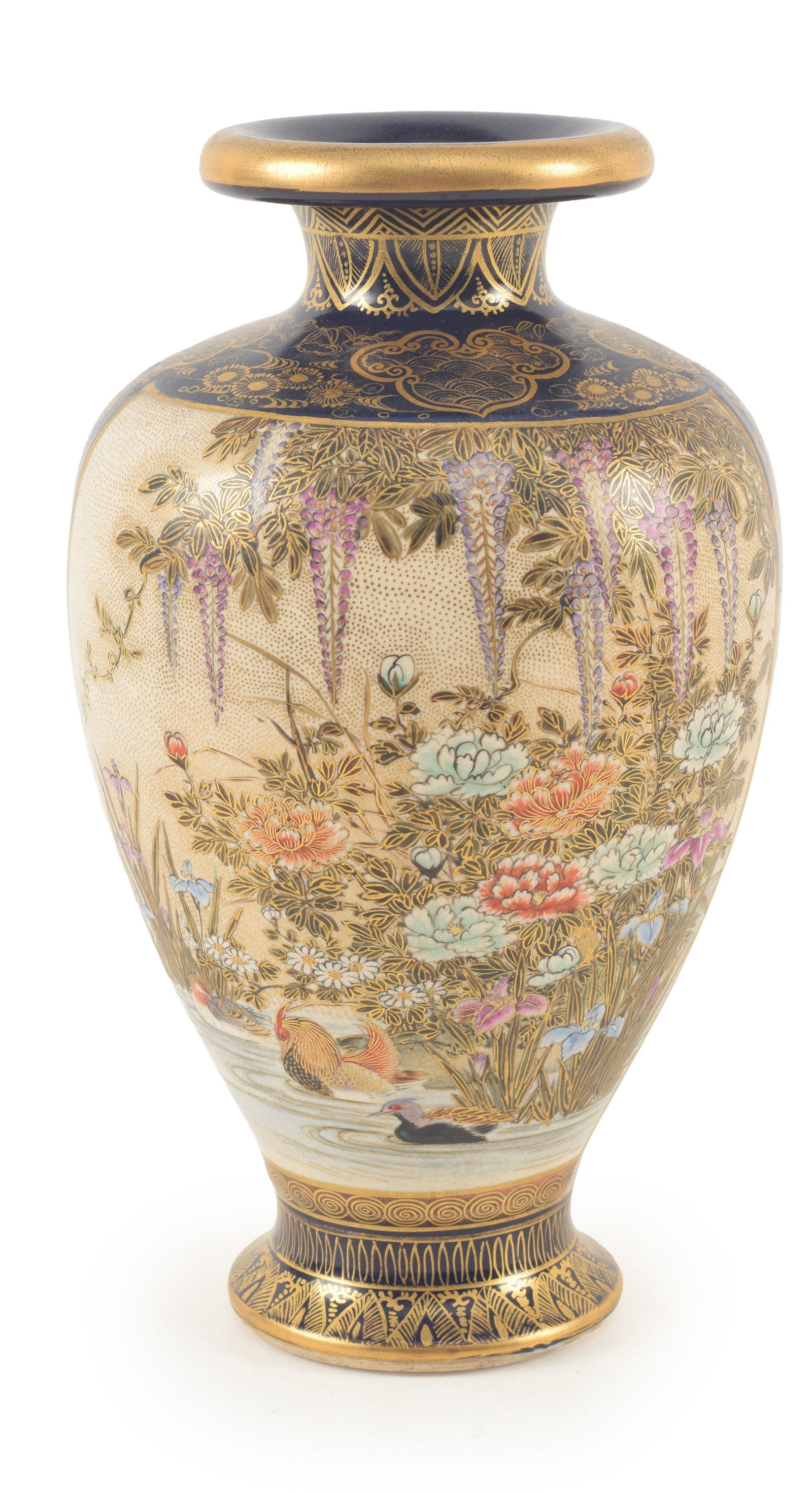 Satsuma vase. Japan. Meiji period (1868-1912). Decoration of mandarin ducks on a brocaded blue (1 of 7)