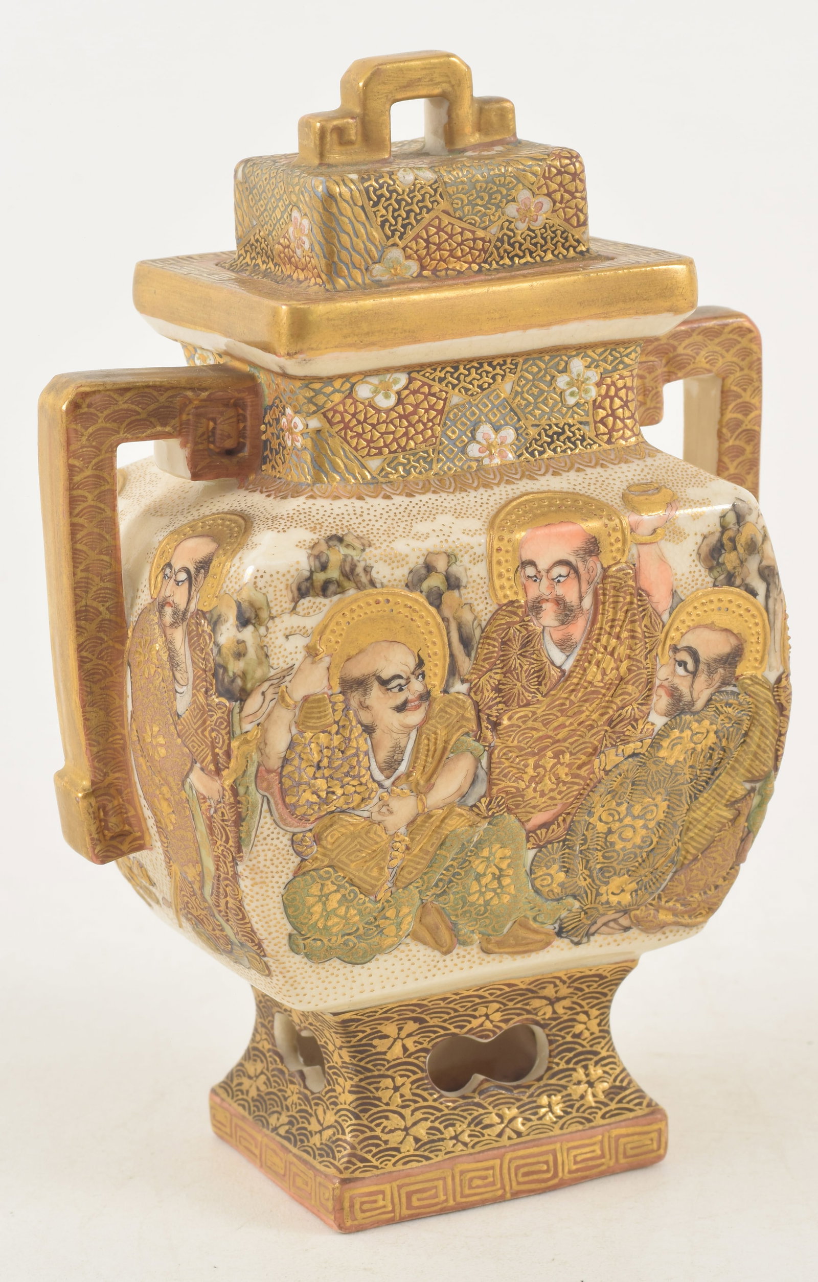 Satsuma covered jar. Japan. Meiji period (1868-1912). "Hundred Rakan" pattern of buddhist saints. (1 of 9)