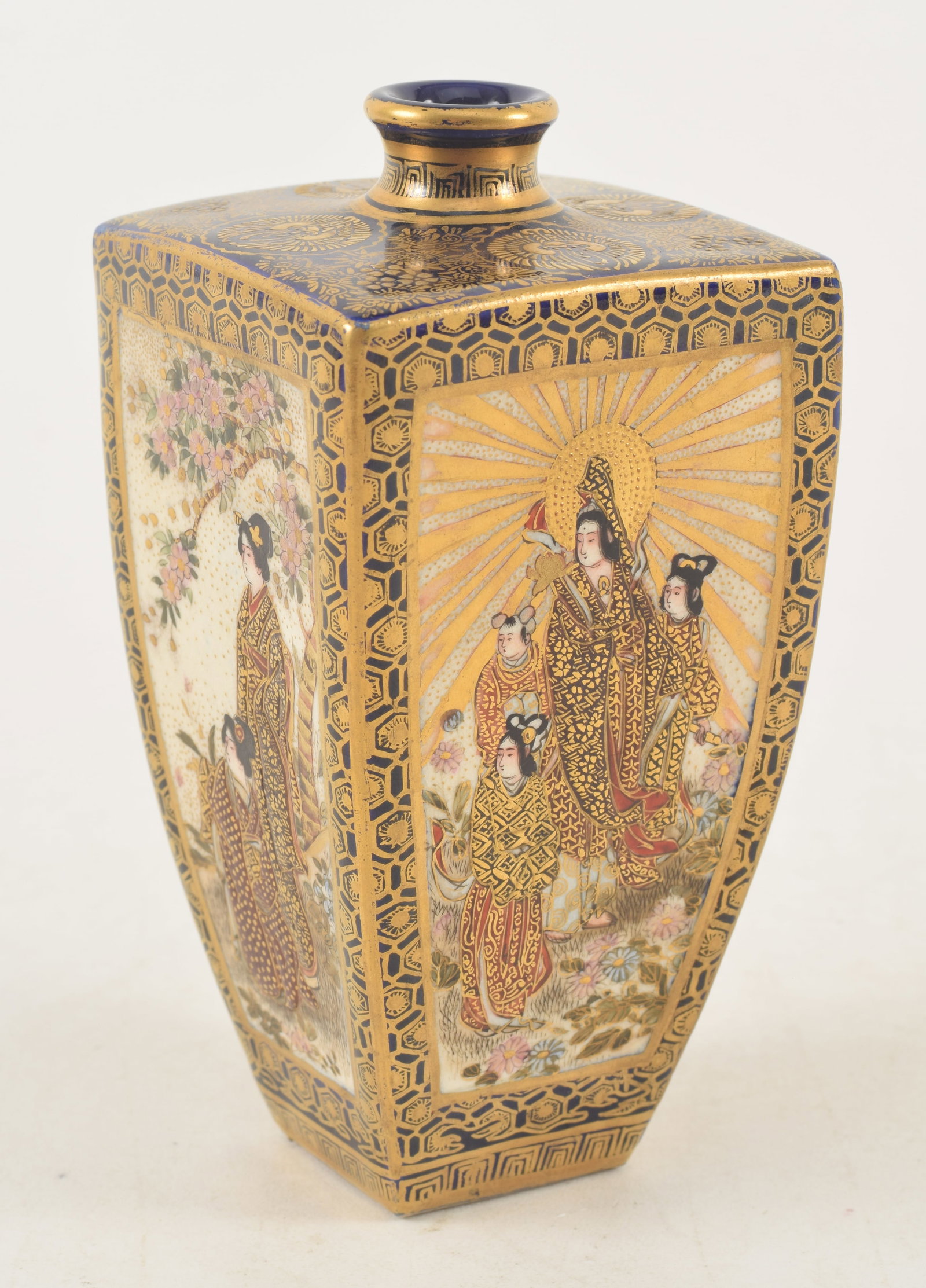 Satsuma vase. Japan. Meiji period (1868-1912). Square form. Gilt brocaded blue ground with scenes of (1 of 7)