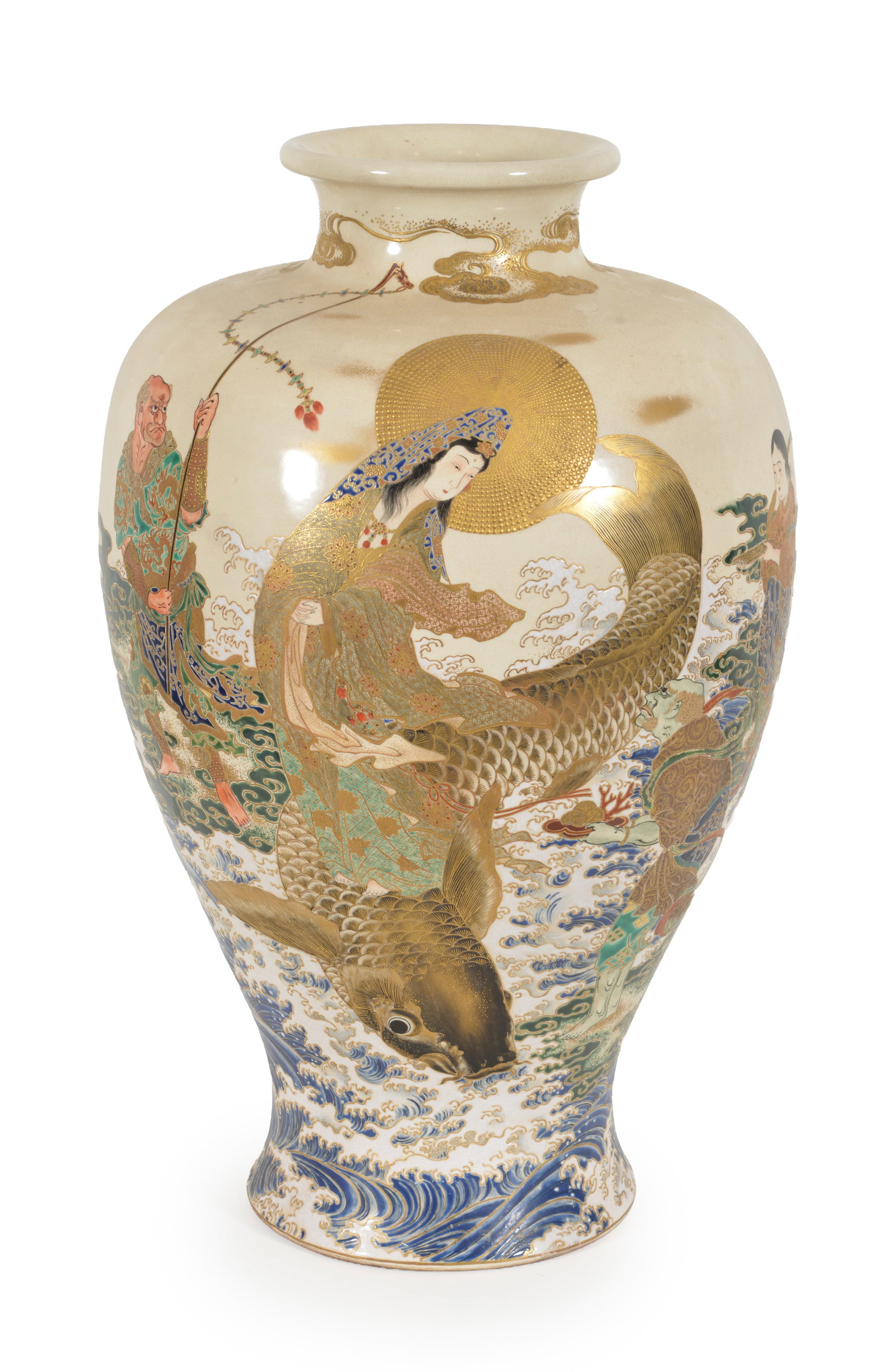 Large Japanese Meiji period satsuma earthenware vase with unusual decoration. Gilt haloed Guanyin (1 of 7)