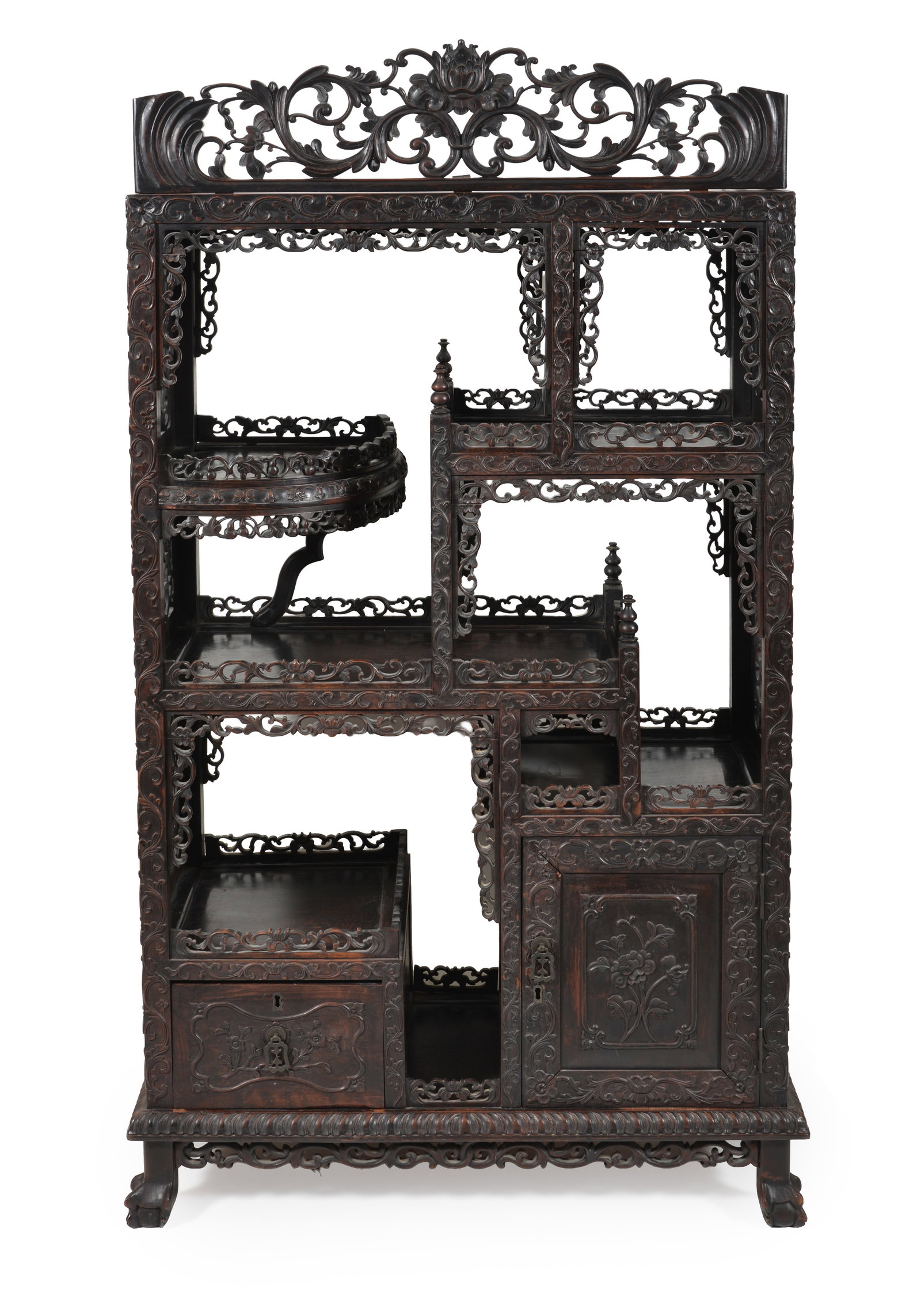 19th century Chinese export carved rosewood etagere with elaborate floral carved galleries and (1 of 13)