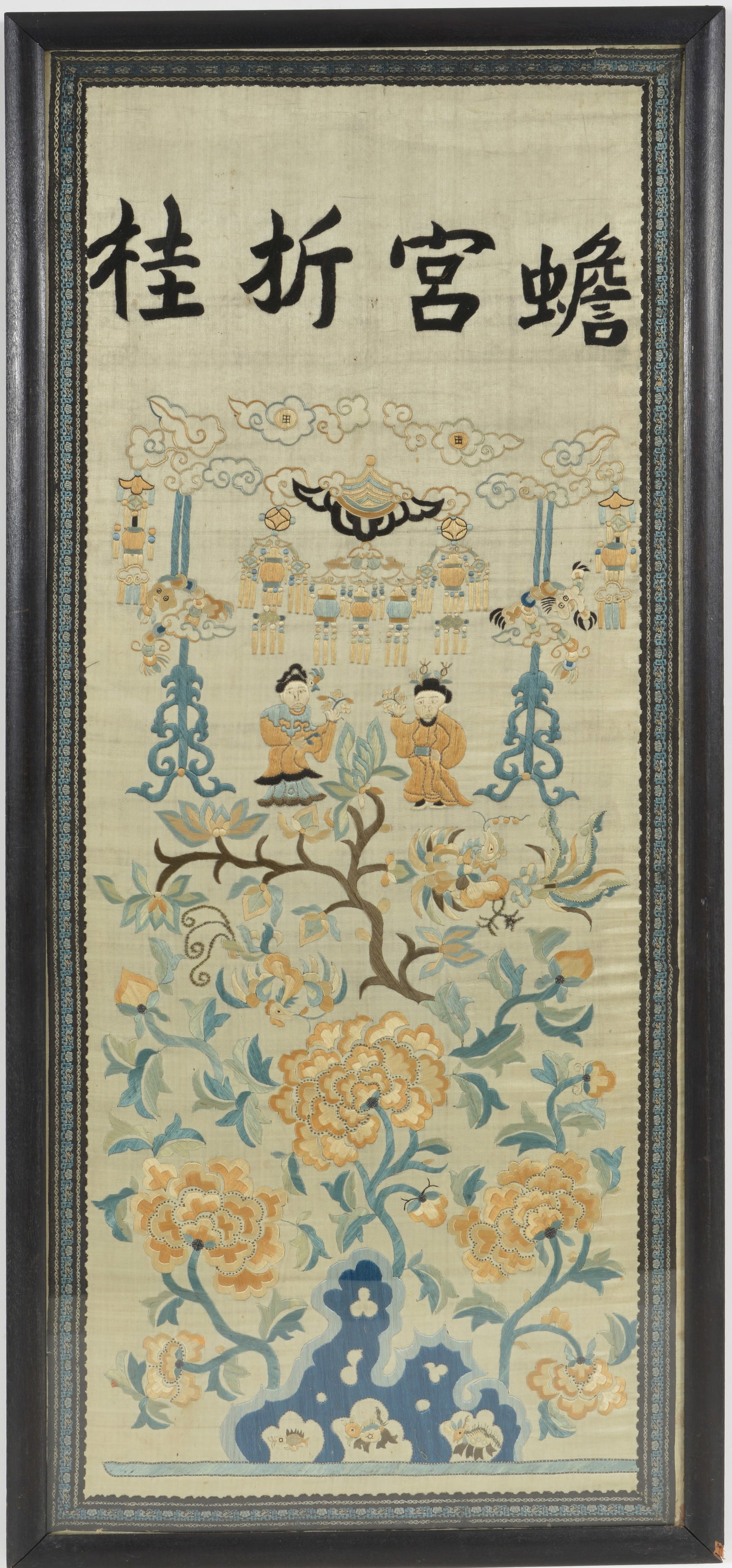 19th century Chinese silk embroidered textile. Floral and figural pavilion decoration beneath 4 (1 of 5)