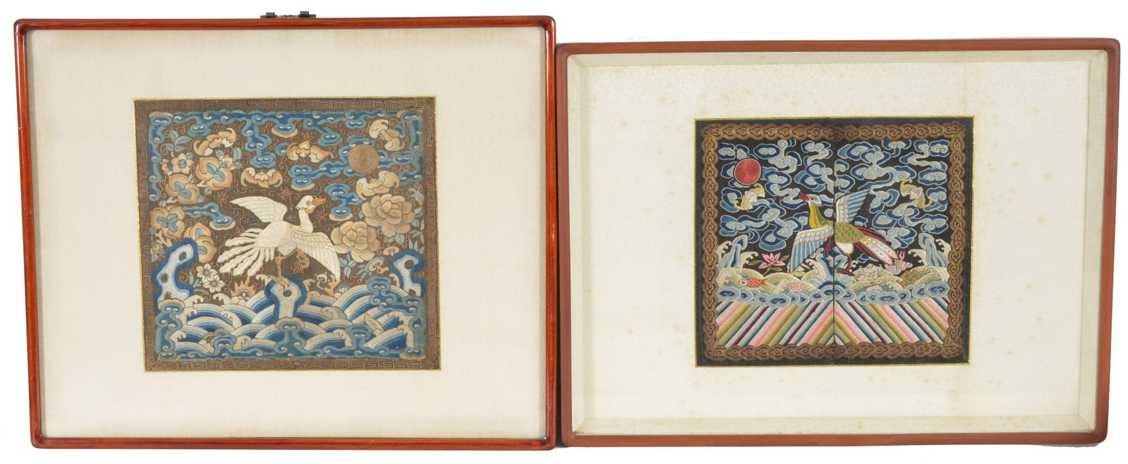 2 framed Chinese silk embroidered rank badges. 19th/early 20th century. Each framed under glass. (1 of 6)