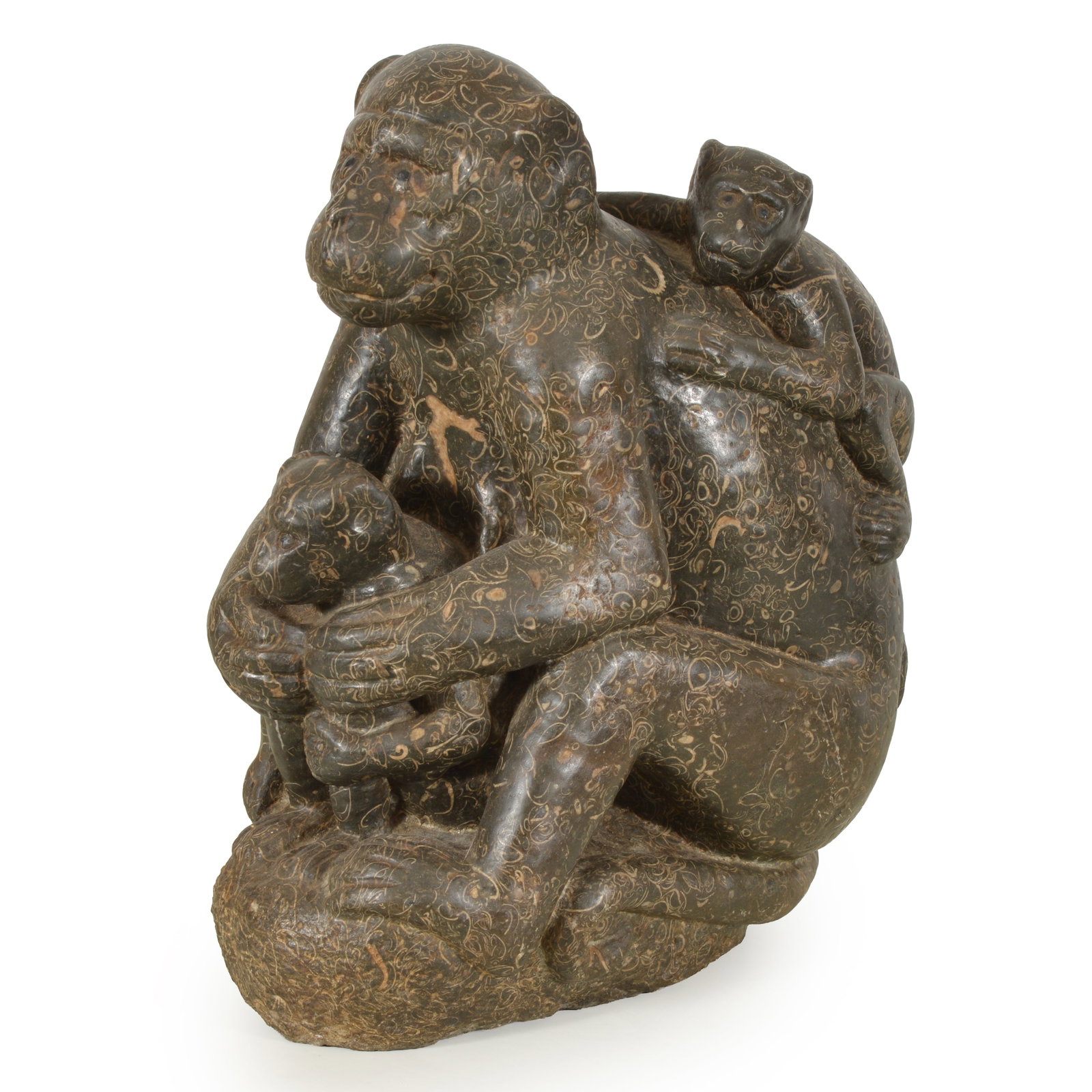 Large Chinese carved puddingstone sculpture of 3 monkeys. 19th/early 20th century. Very heavy. 17in (1 of 10)