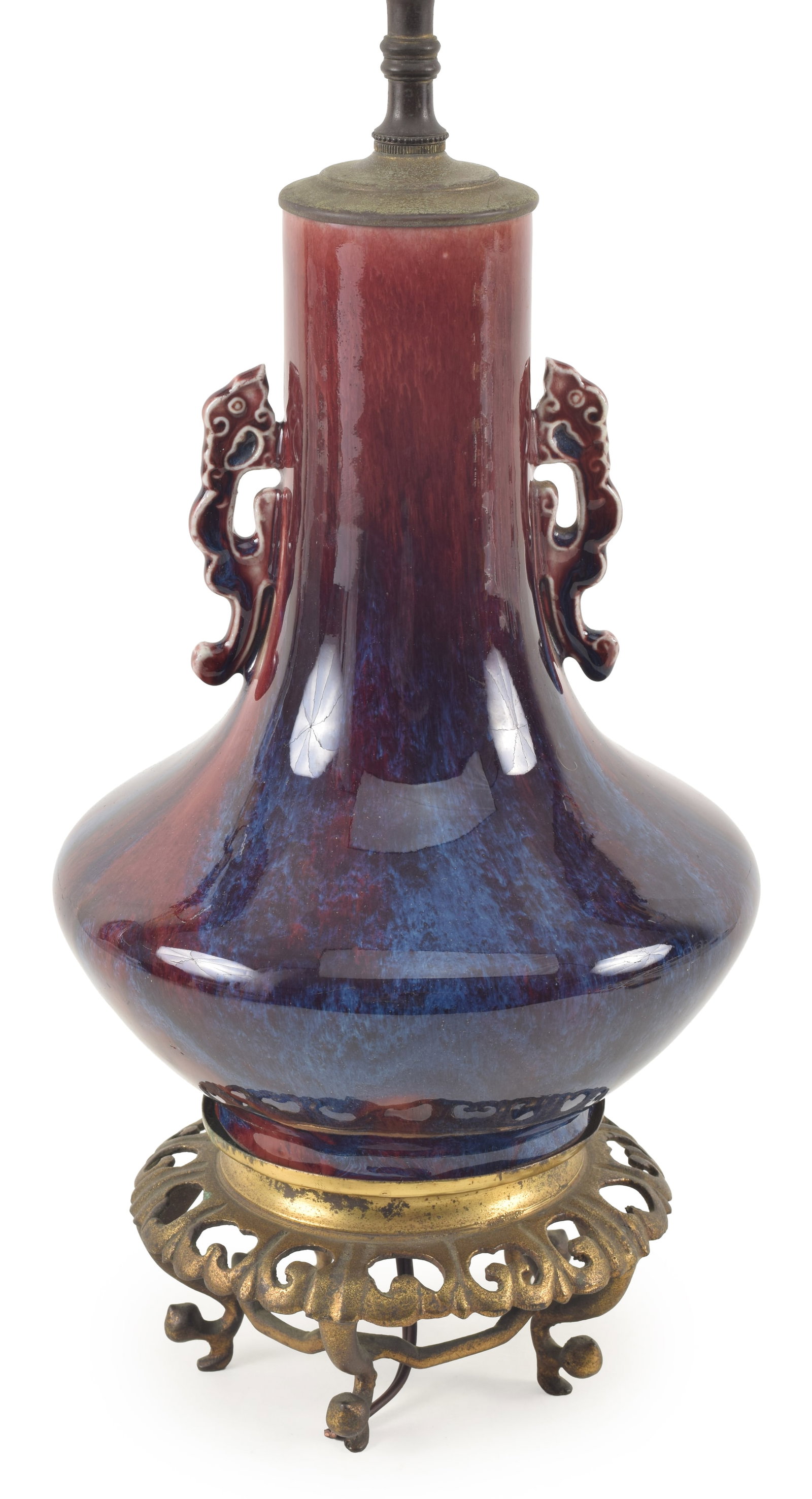 18th/19th century Chinese flambe glaze vase with dragon handles. Mounted as a lamp. Fine blue glaze: 18th/19th century Chinese flambe glaze vase with dragon handles. Mounted as a lamp. Fine blue glaze streaking. Height of vase: 10in. Overall: 25in.