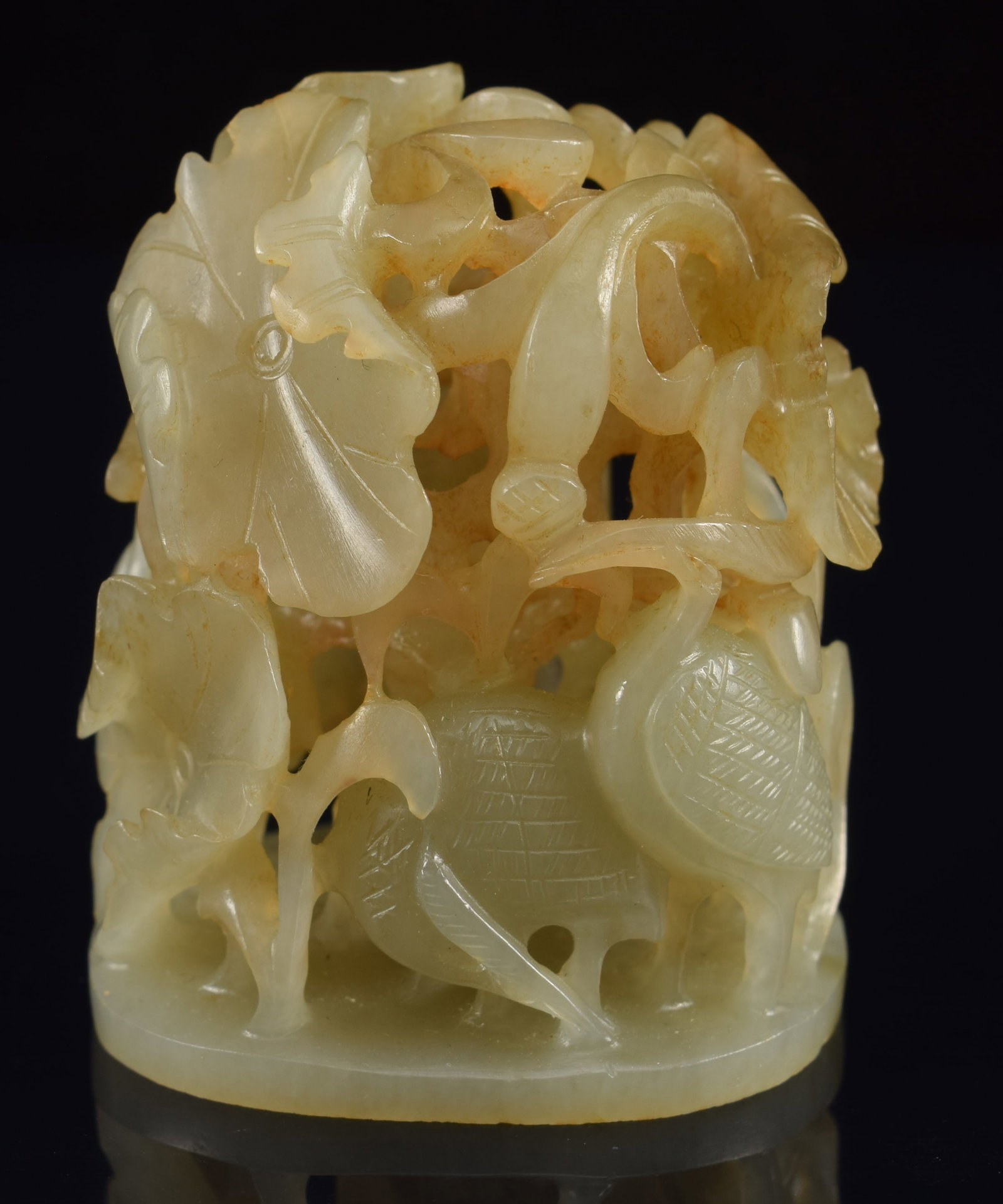 Jade finial. China. Yuan period. Carving of aquatic birds and water plants. Finely carved and (1 of 7)