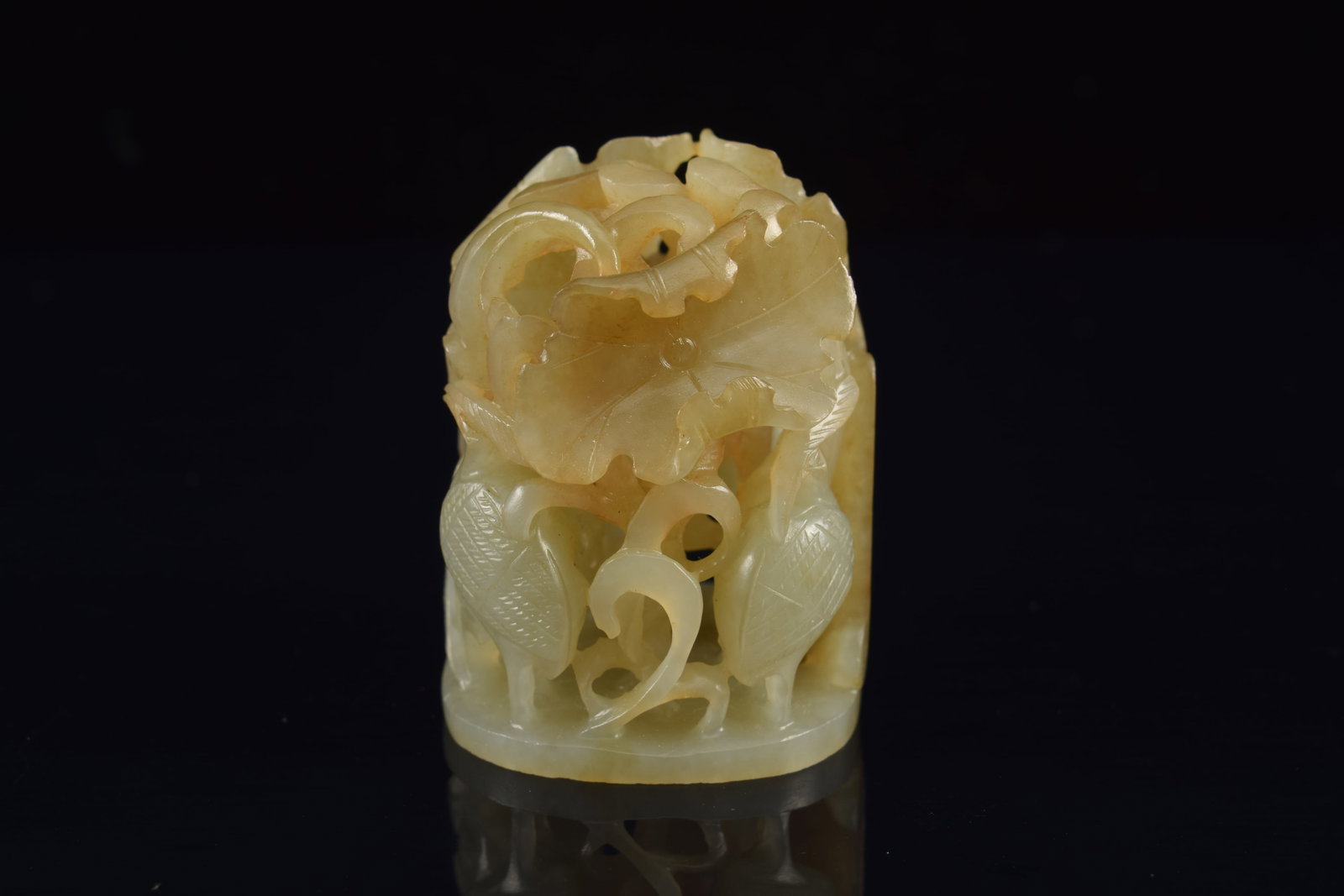 Jade finial. China. Yuan period. Carving of aquatic birds and water plants. Finely carved and - 2