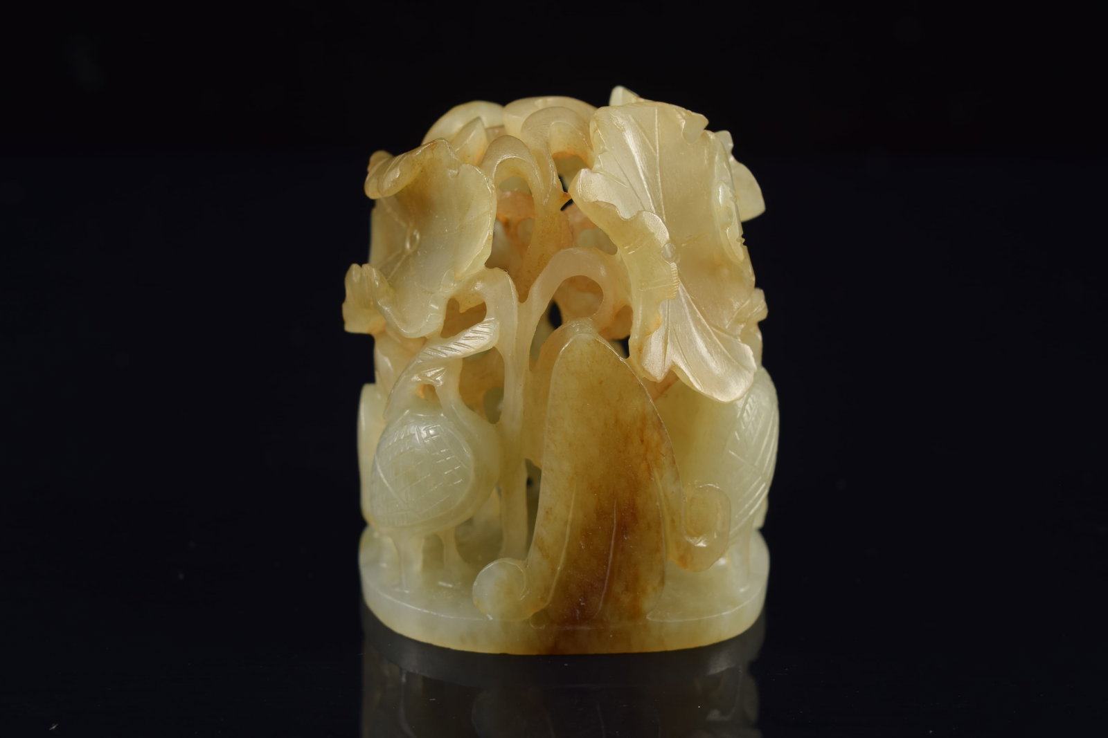 Jade finial. China. Yuan period. Carving of aquatic birds and water plants. Finely carved and - 3