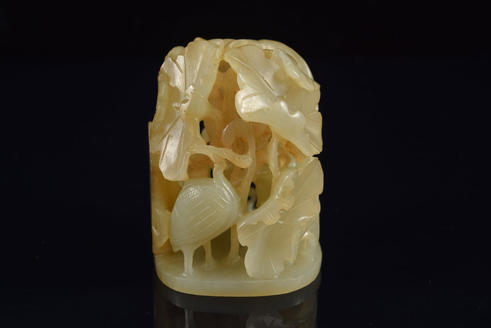 Jade finial. China. Yuan period. Carving of aquatic birds and water plants. Finely carved and - 4