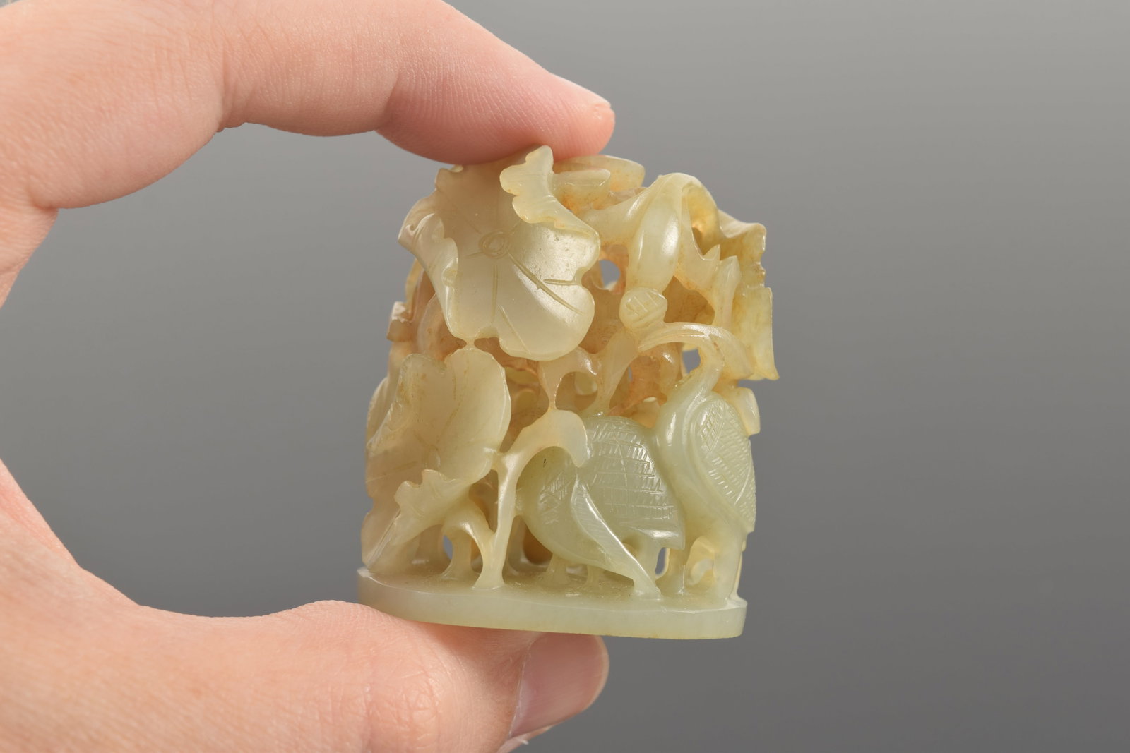 Jade finial. China. Yuan period. Carving of aquatic birds and water plants. Finely carved and - 7