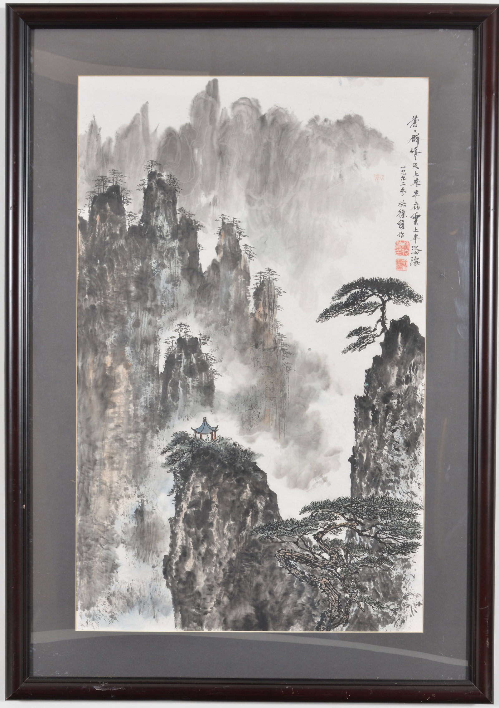 Chinese watercolor painting. 20th century. Mountainous landscape with pagoda and figure. Ink and (1 of 6)