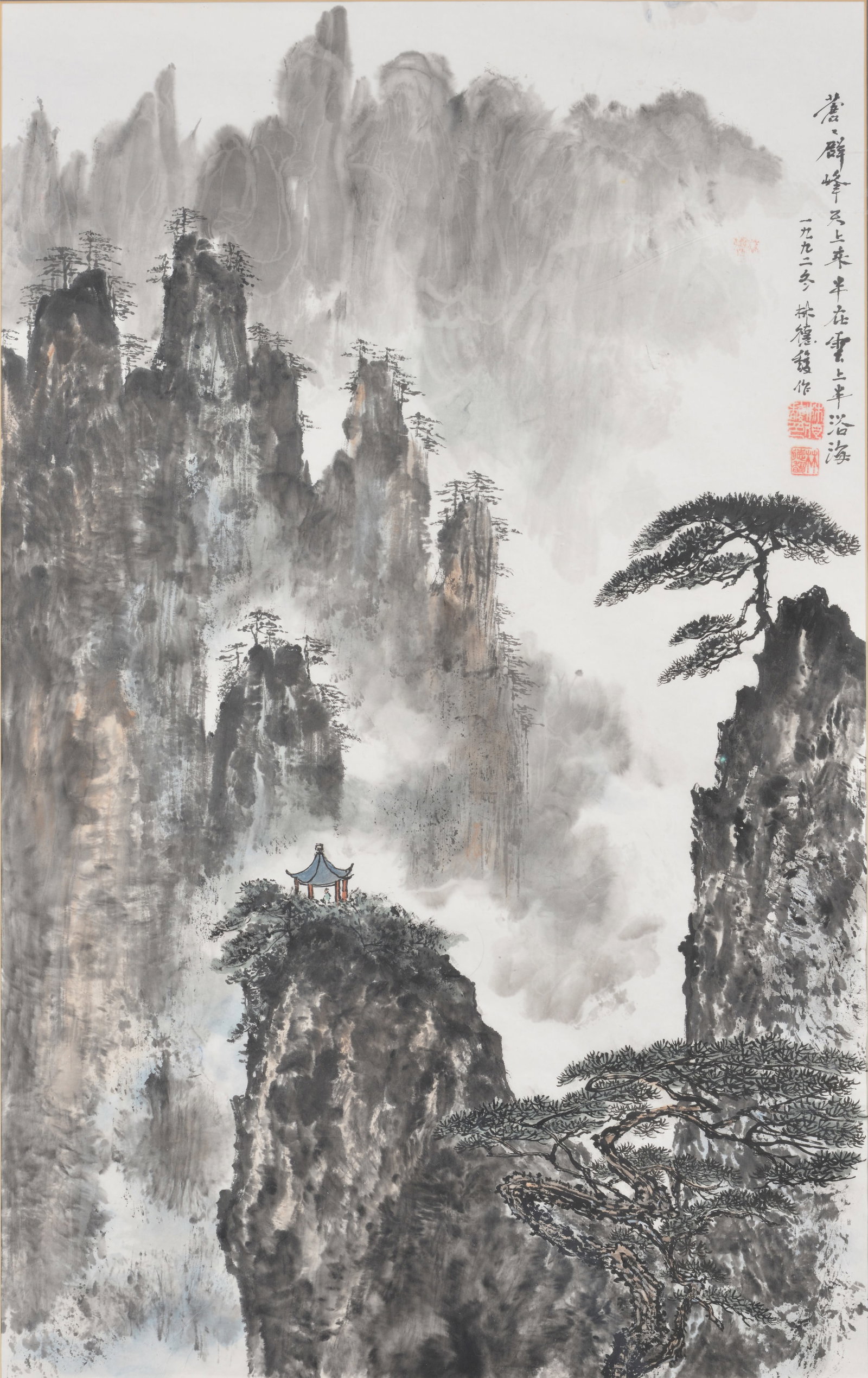 Chinese watercolor painting. 20th century. Mountainous landscape with pagoda and figure. Ink and - 2