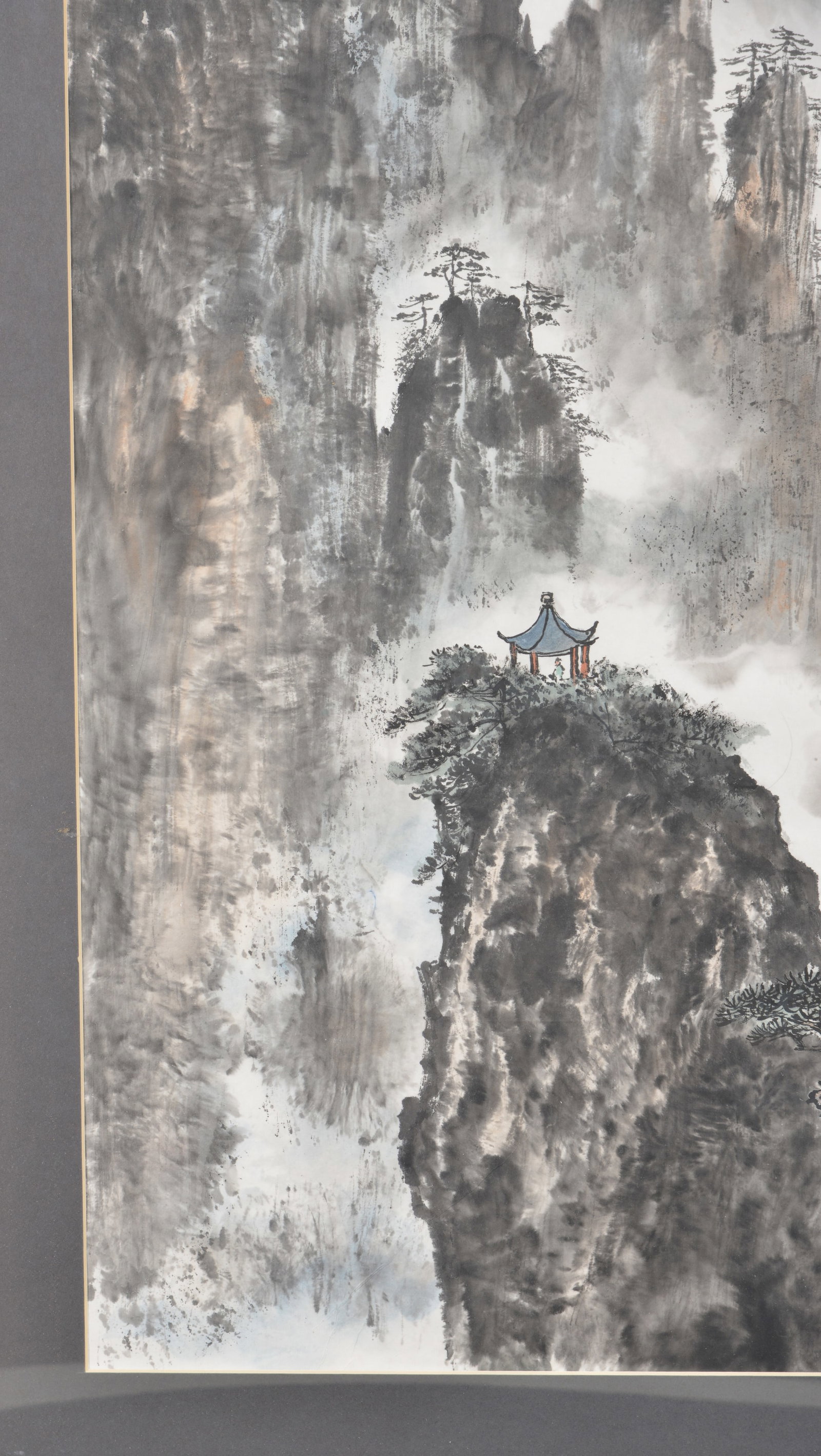 Chinese watercolor painting. 20th century. Mountainous landscape with pagoda and figure. Ink and - 4