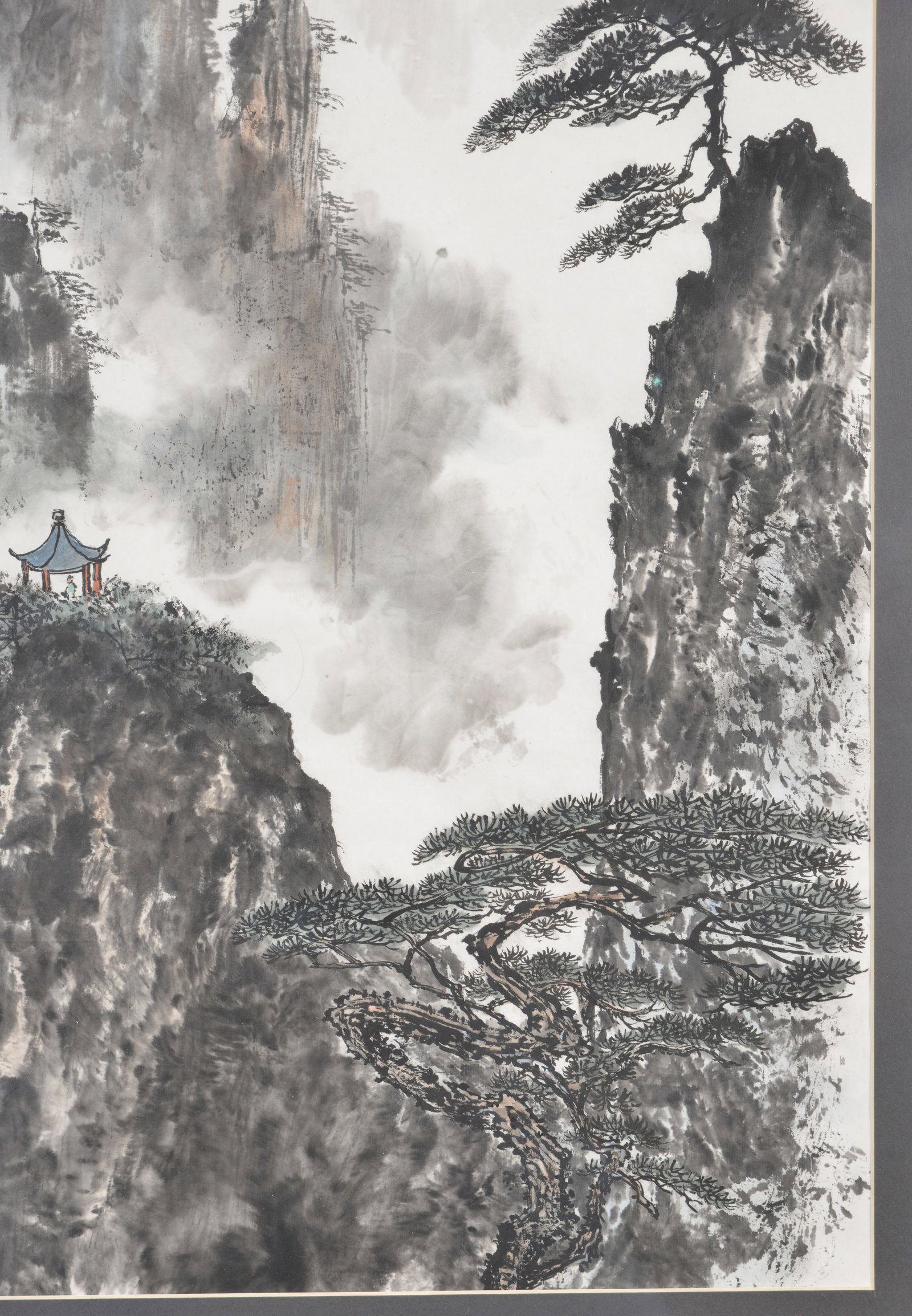 Chinese watercolor painting. 20th century. Mountainous landscape with pagoda and figure. Ink and - 5