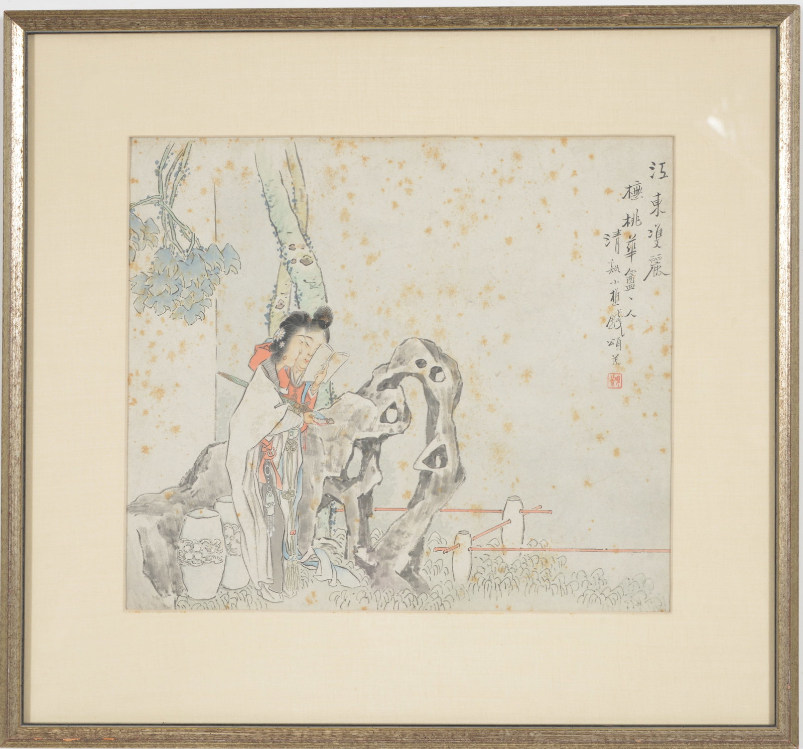 Chinese painting. Figures in a garden. Ink and colors on paper. Inscription upper right. Framed: Chinese painting. Figures in a garden. Ink and colors on paper. Inscription upper right. Framed under glass. Foxing. Sight: 11.5 x 13.5in. Overall: 18 x 20in.
