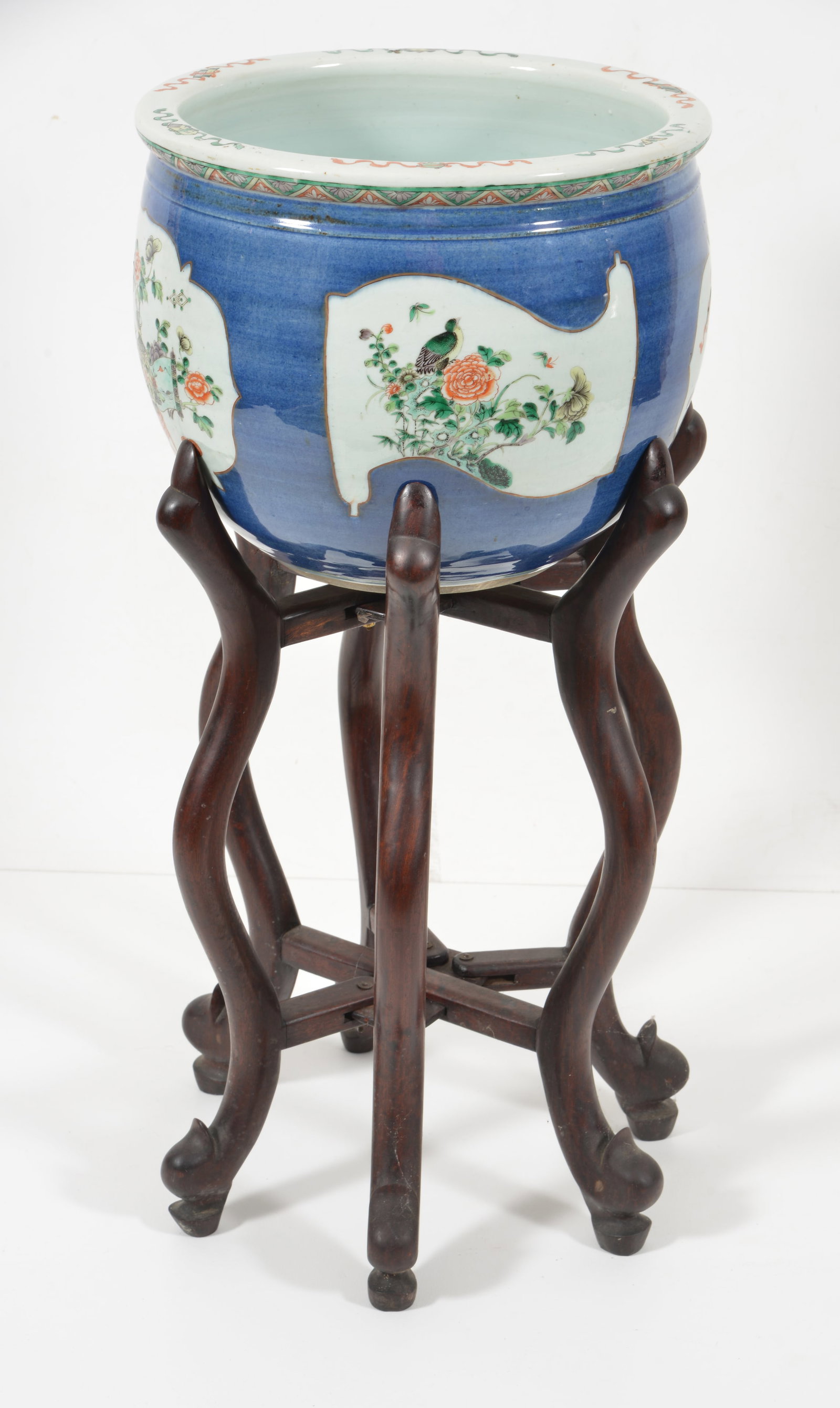 19th century Chinese porcelain planter. Blue ground with motifs of the hundred antiques and floral (1 of 6)