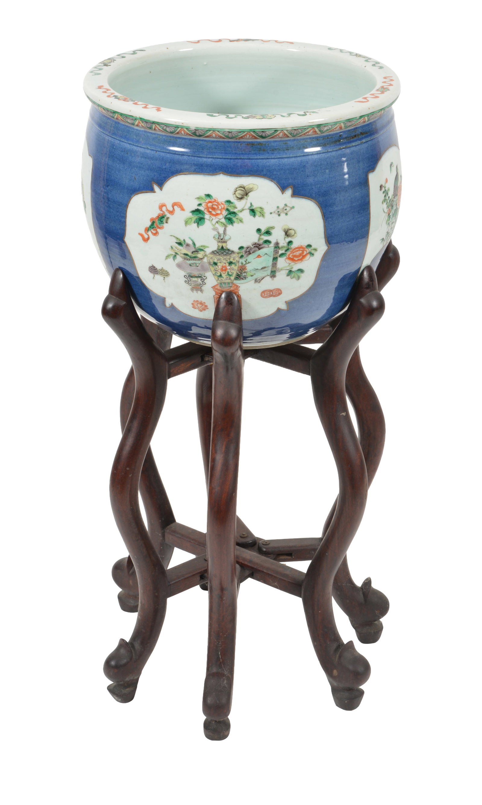 19th century Chinese porcelain planter. Blue ground with motifs of the hundred antiques and floral - 4