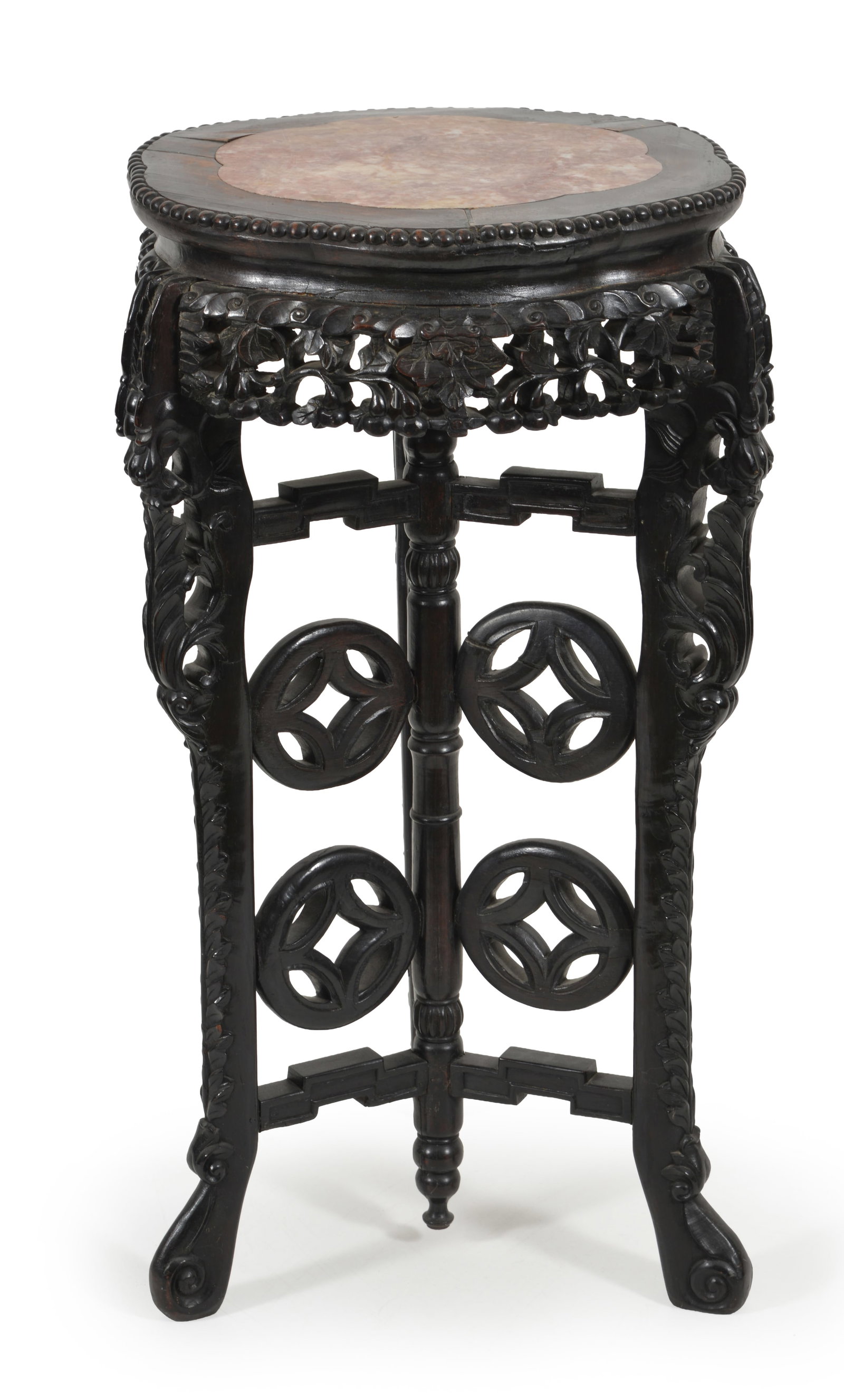 Late 19th Century Chinese carved hardwood, marble top tripod stand decorative coin carvings and (1 of 5)