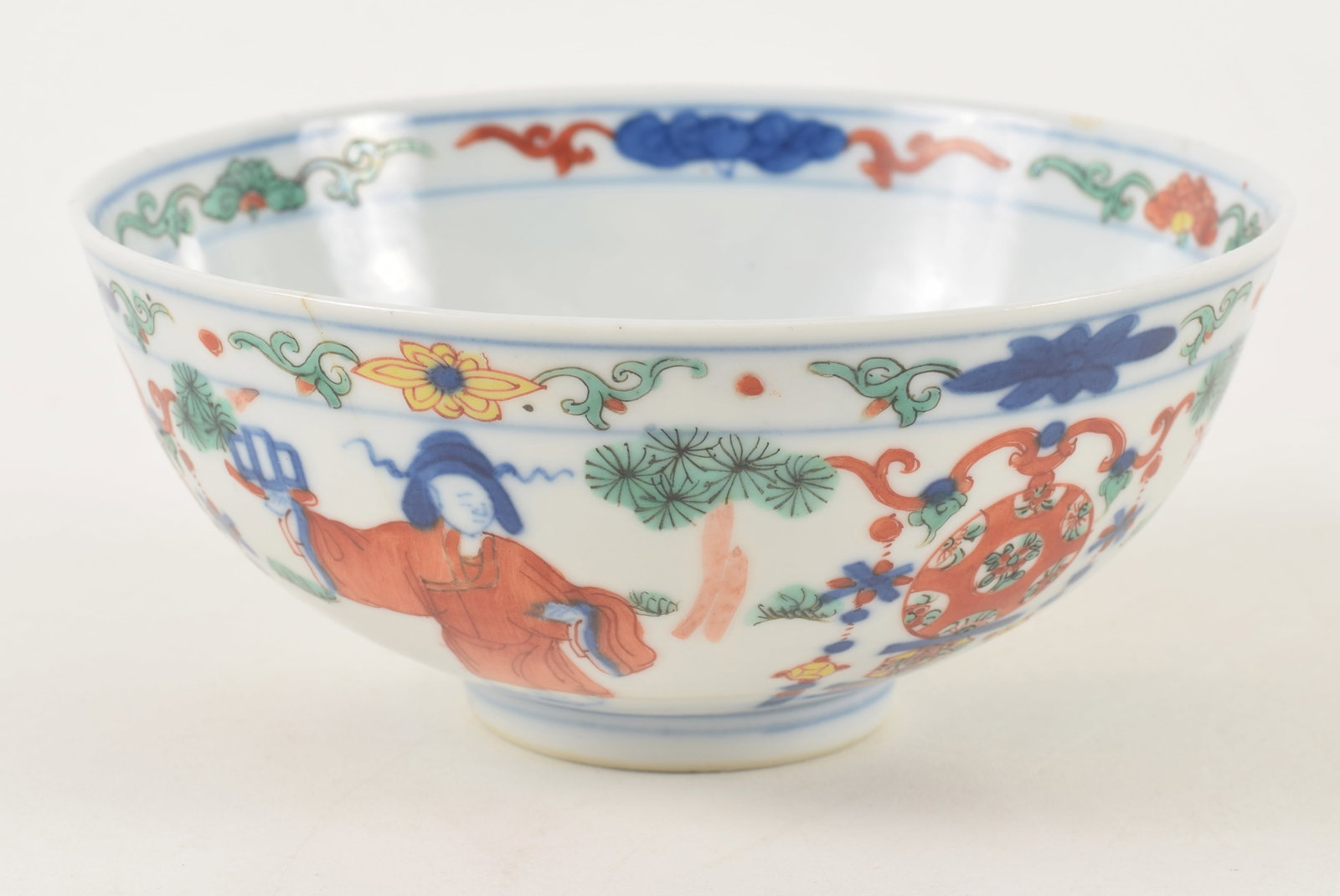 19th century Chinese porcelain doucai bowl. Figural and buddhist symbol decoration. Dragon on (1 of 7)
