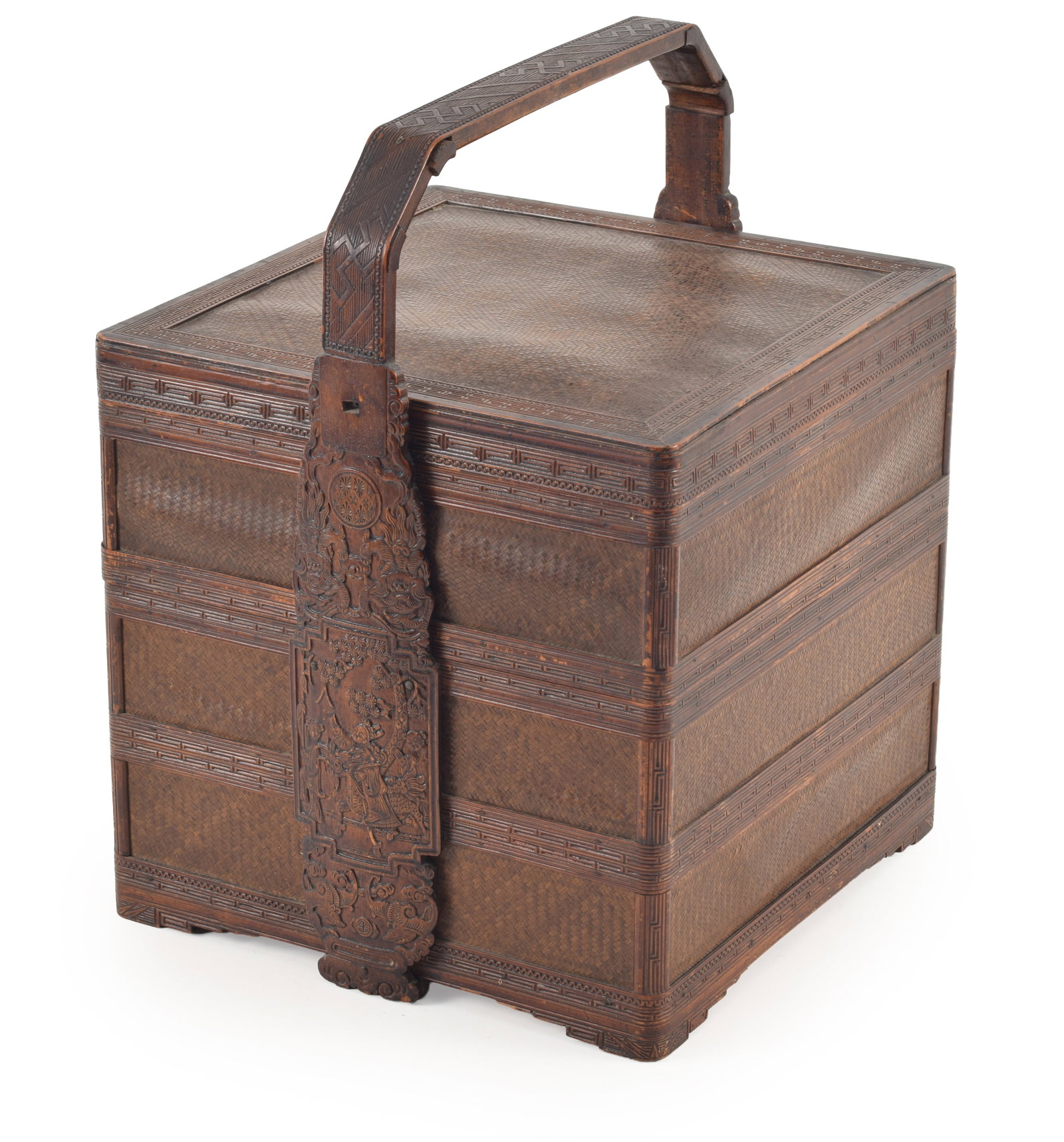 19th Chinese bamboo and woven grass 2-compartment covered basket. Fine dragon, bat, and figural: 19th Chinese bamboo and woven grass 2-compartment covered basket. Fine dragon, bat, and figural carved stationary handle. Geometric borders. Black ink stamp seal on base. 13.25 H x10 x 10in.