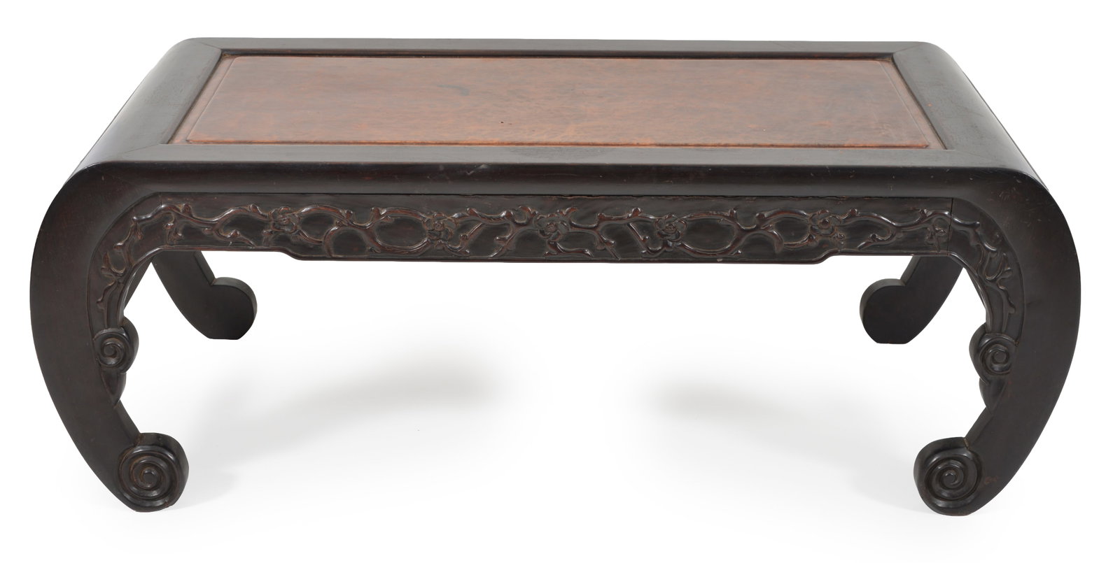 19th century Chinese burl wood inset carved hung mu kang table. Flowering branch decoration. 36in (1 of 5)