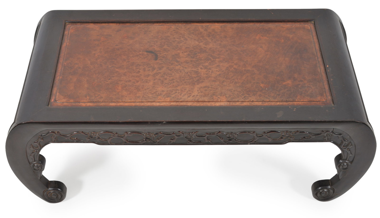 19th century Chinese burl wood inset carved hung mu kang table. Flowering branch decoration. 36in - 2