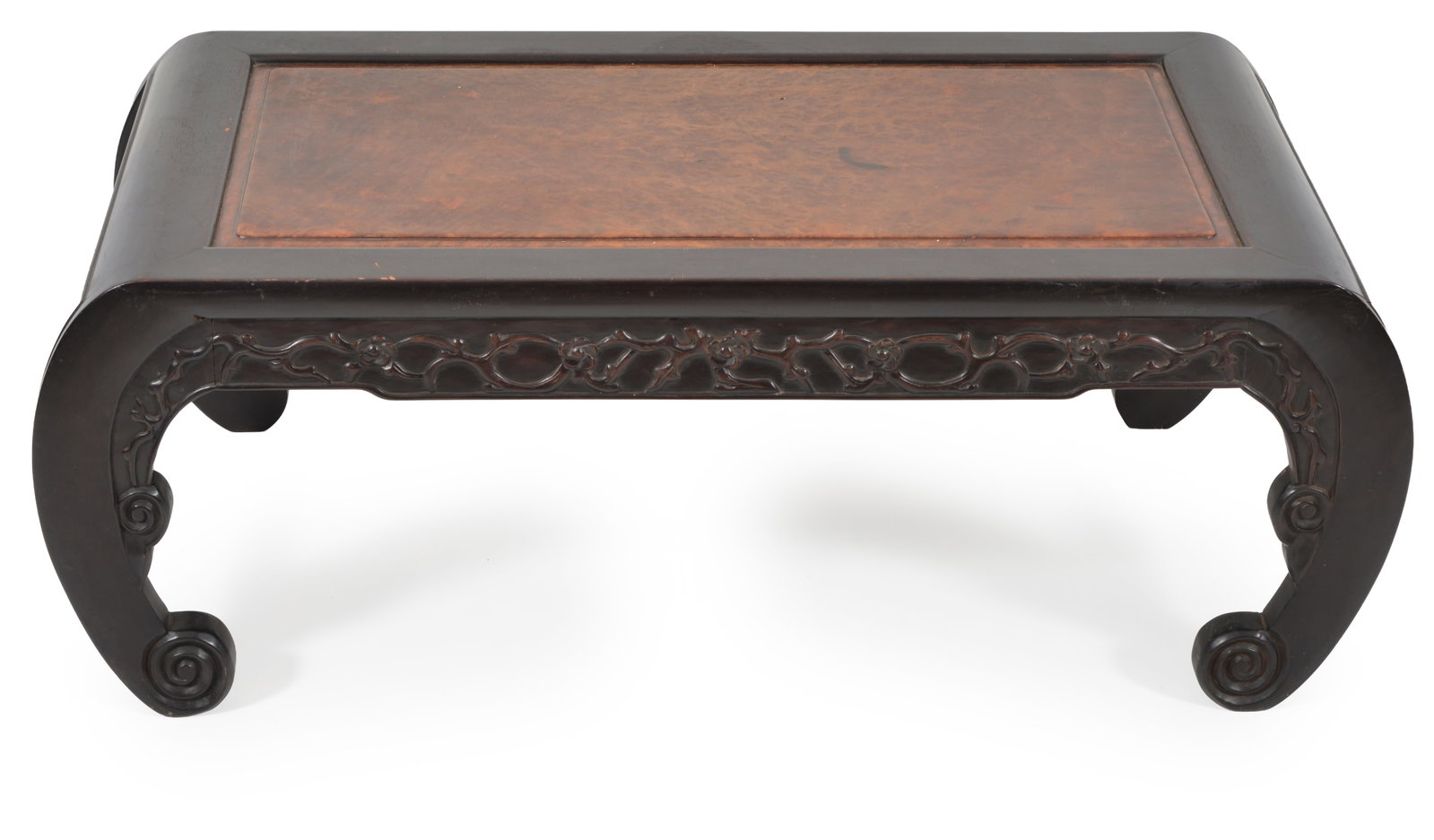 19th century Chinese burl wood inset carved hung mu kang table. Flowering branch decoration. 36in - 3
