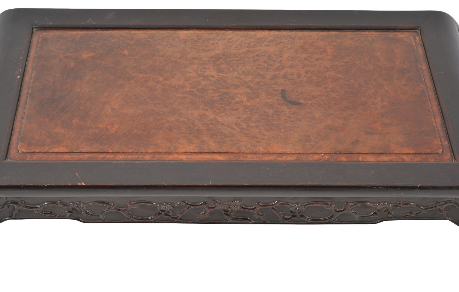 19th century Chinese burl wood inset carved hung mu kang table. Flowering branch decoration. 36in - 4