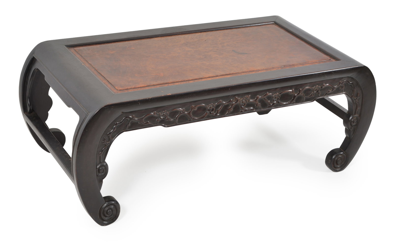 19th century Chinese burl wood inset carved hung mu kang table. Flowering branch decoration. 36in - 5