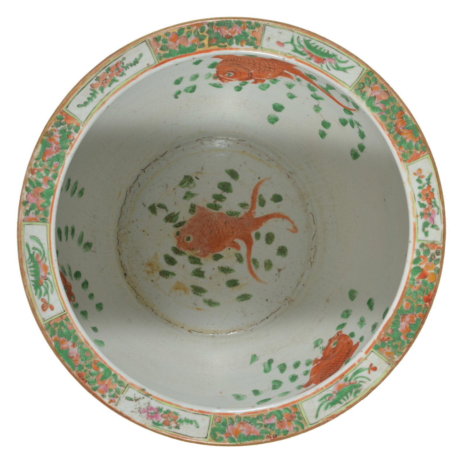 19th century Chinese famille rose porcelain "rose medallion" goldfish bowl. 14in diameter. 12in - 5