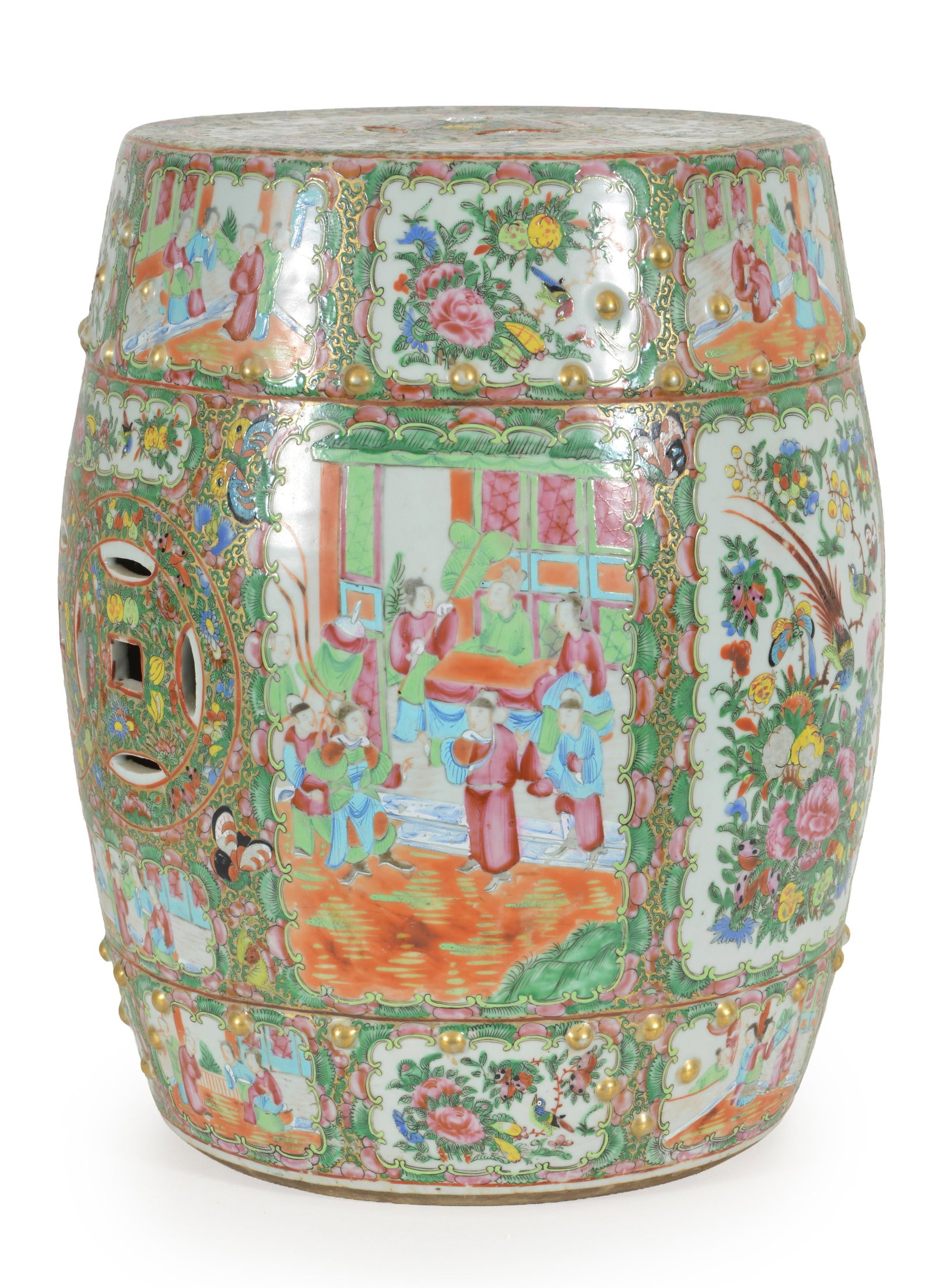 Chinese export porcelain garden seat with famille rose decorations of figural and floral panels. (1 of 7)