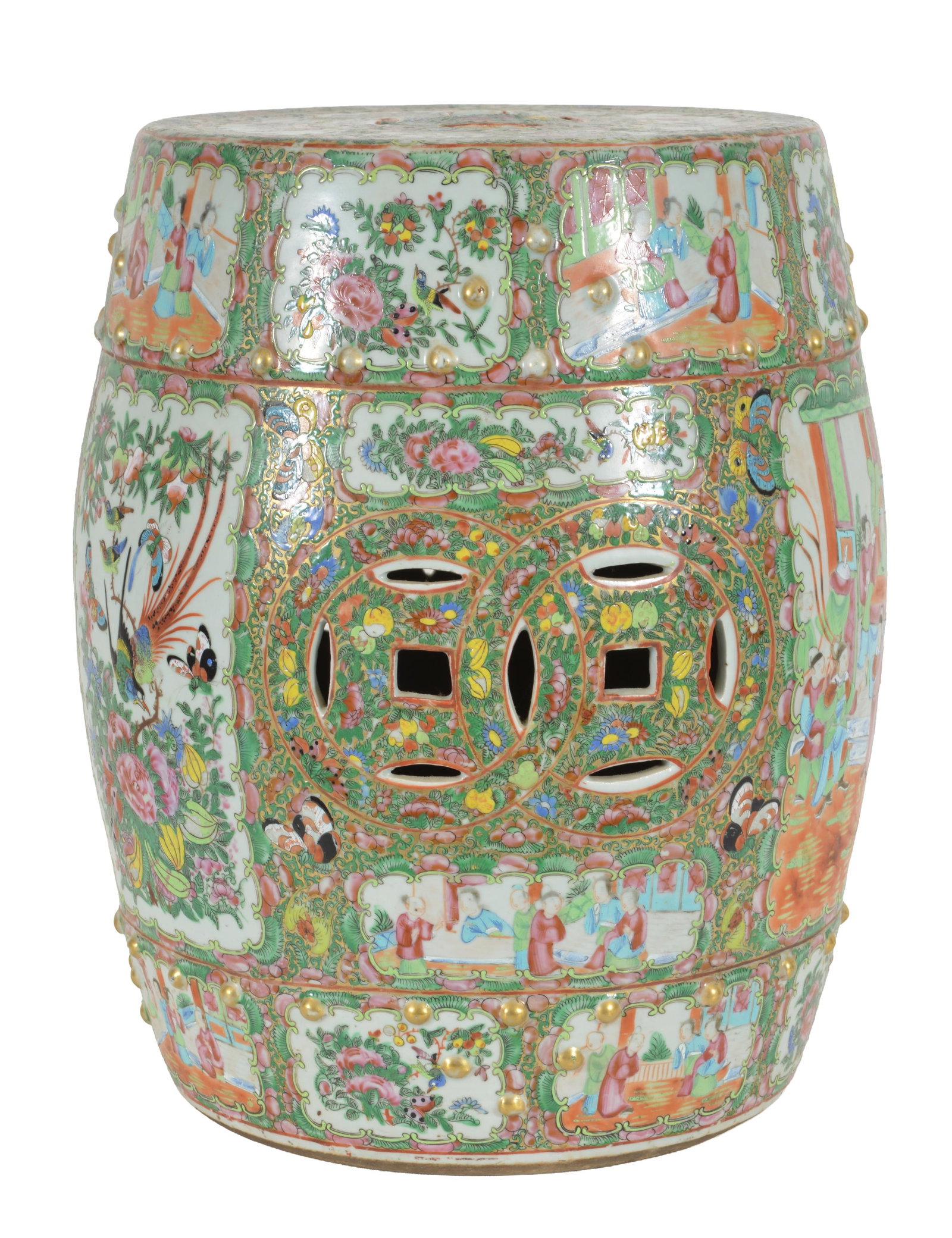 Chinese export porcelain garden seat with famille rose decorations of figural and floral panels. - 2