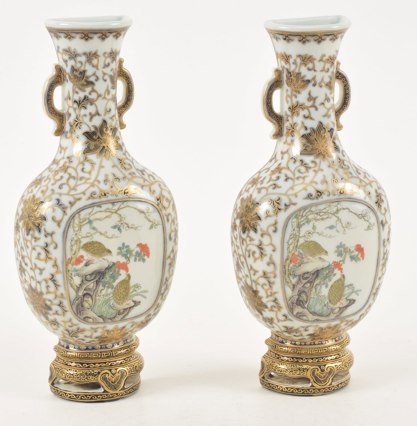 Pair of Chinese Republic period porcelain wall vases. Famille rose quail decoration. Fine gilt (1 of 8)