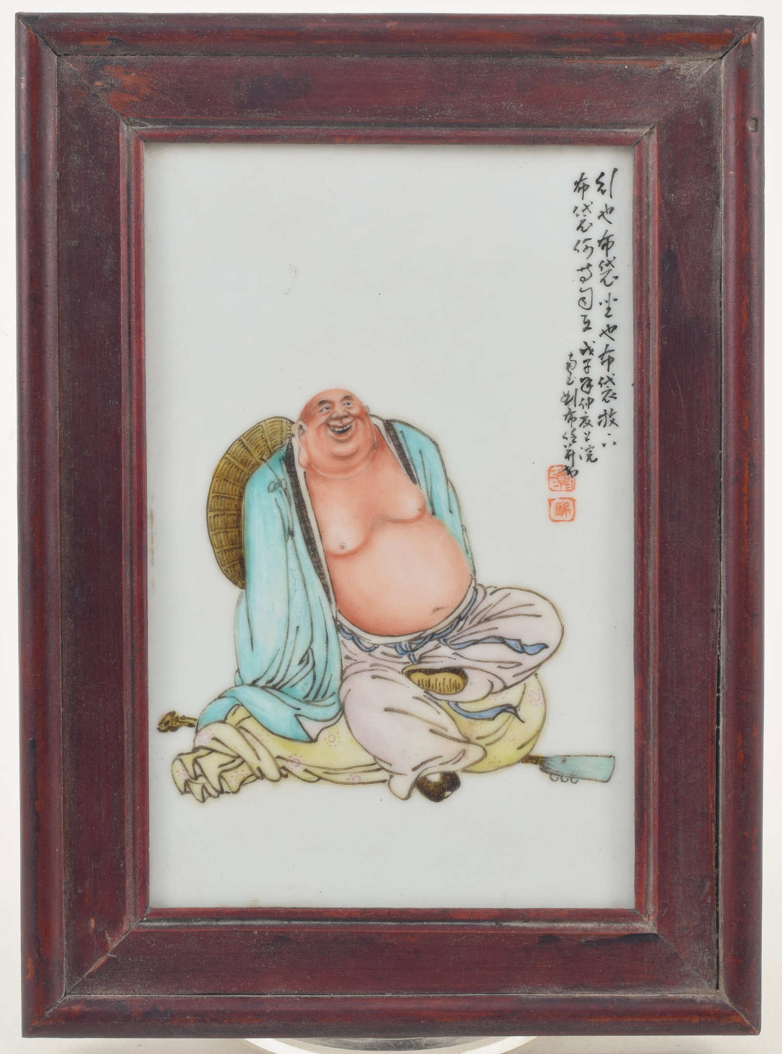 Porcelain plaque. China. Late Republic period. Painted with a figure of Mi Lo Fu and an inscription.: Porcelain plaque. China. Late Republic period. Painted with a figure of Mi Lo Fu and an inscription. Framed. 7.5 x 4.75in.