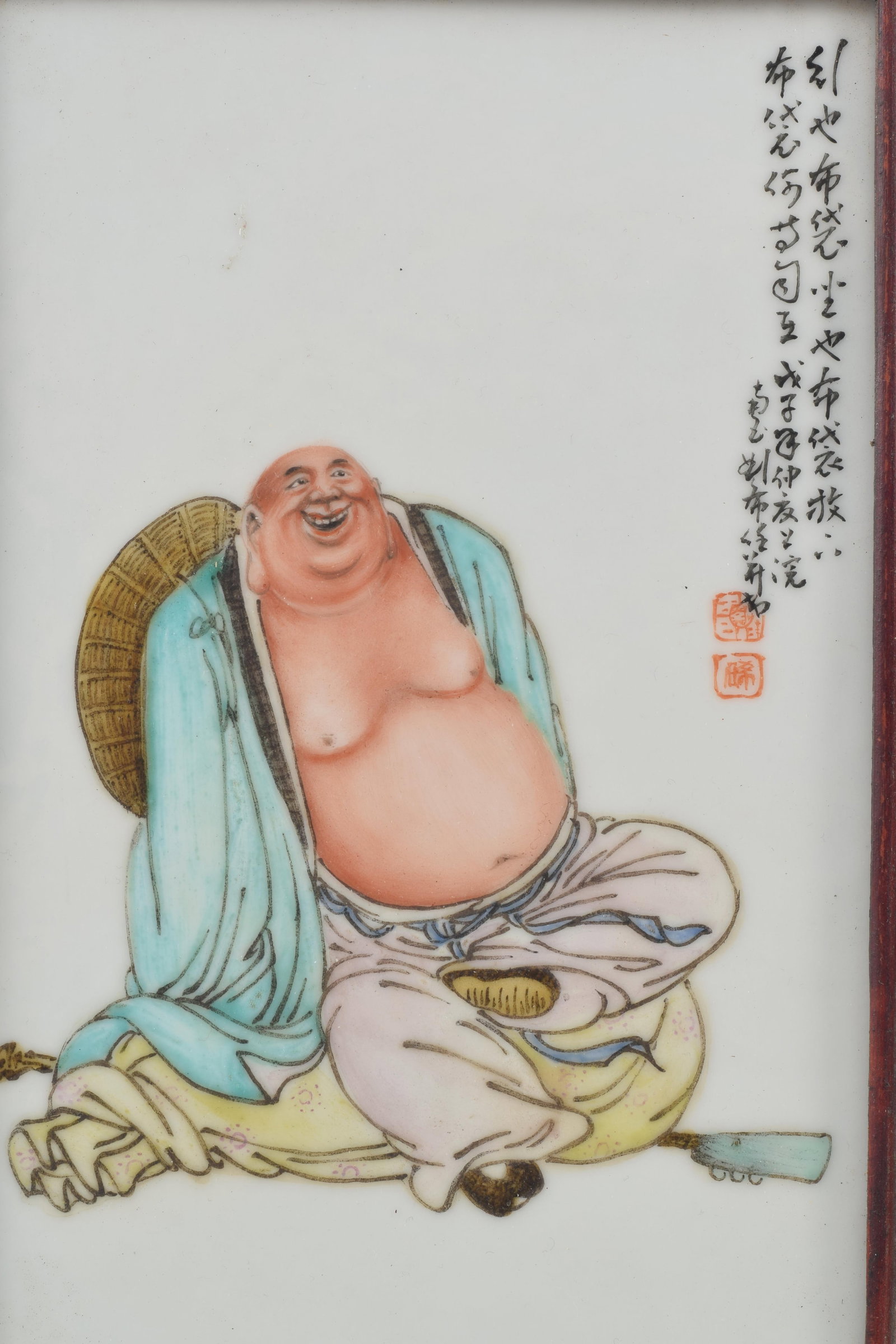 Porcelain plaque. China. Late Republic period. Painted with a figure of Mi Lo Fu and an inscription. - 2