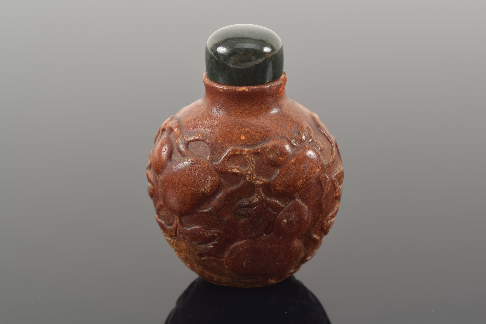 19th century Chinese carved amber snuff bottle. Allover fruit decoration. Chips around top rim. - 3